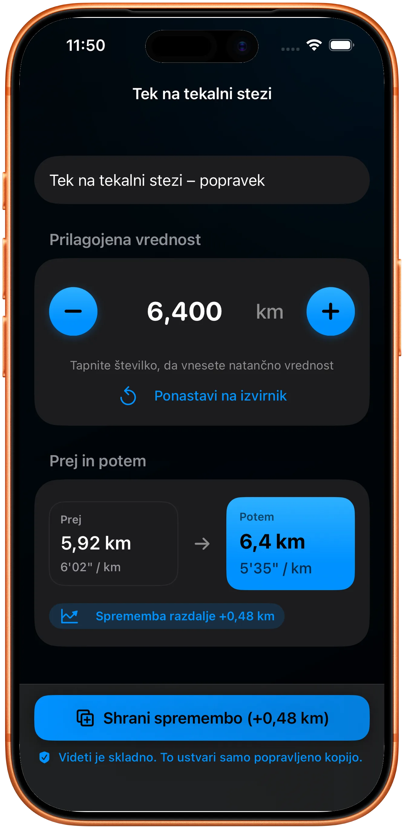 Urejevalnik za vnos popravljene razdalje