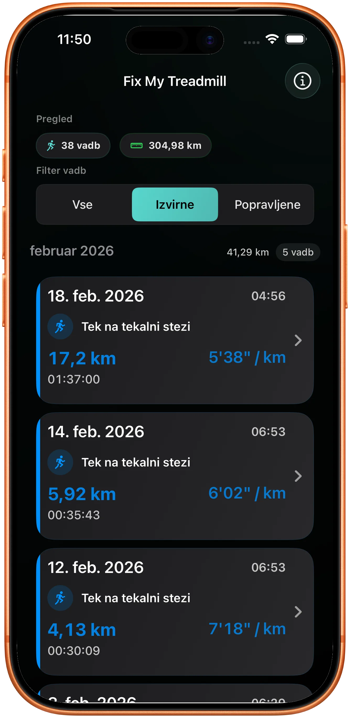 Seznam vadb s tekom, ki mu je treba popraviti razdaljo