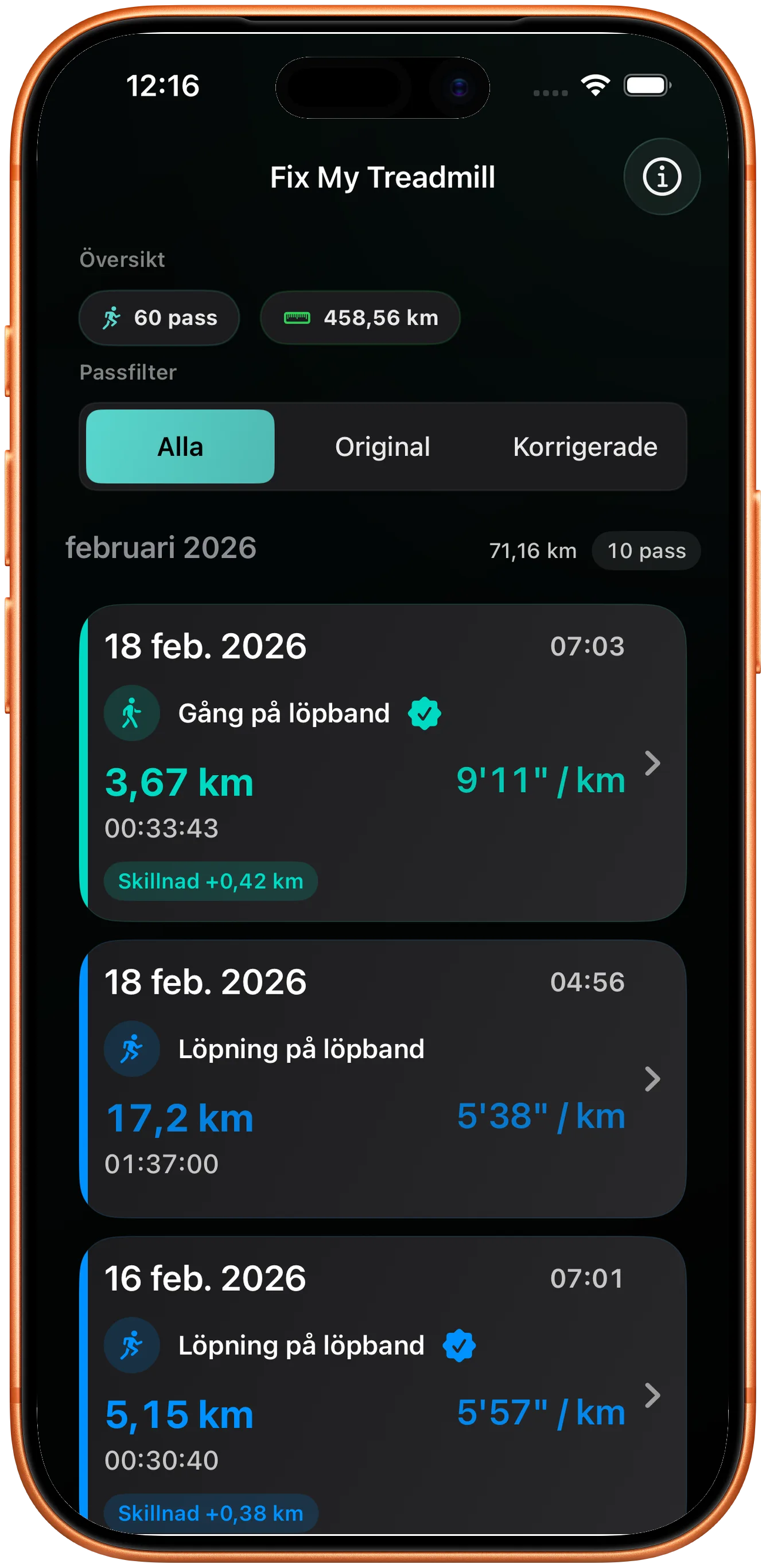 Passlista med den rättade löprundan markerad som ändrad