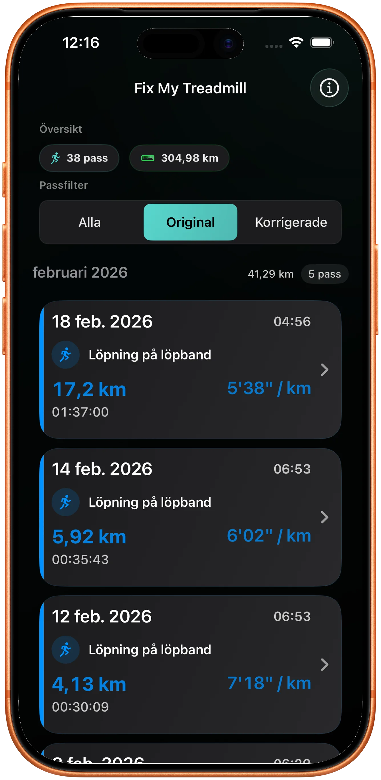 Passlista med en löprunda vars distans behöver rättas