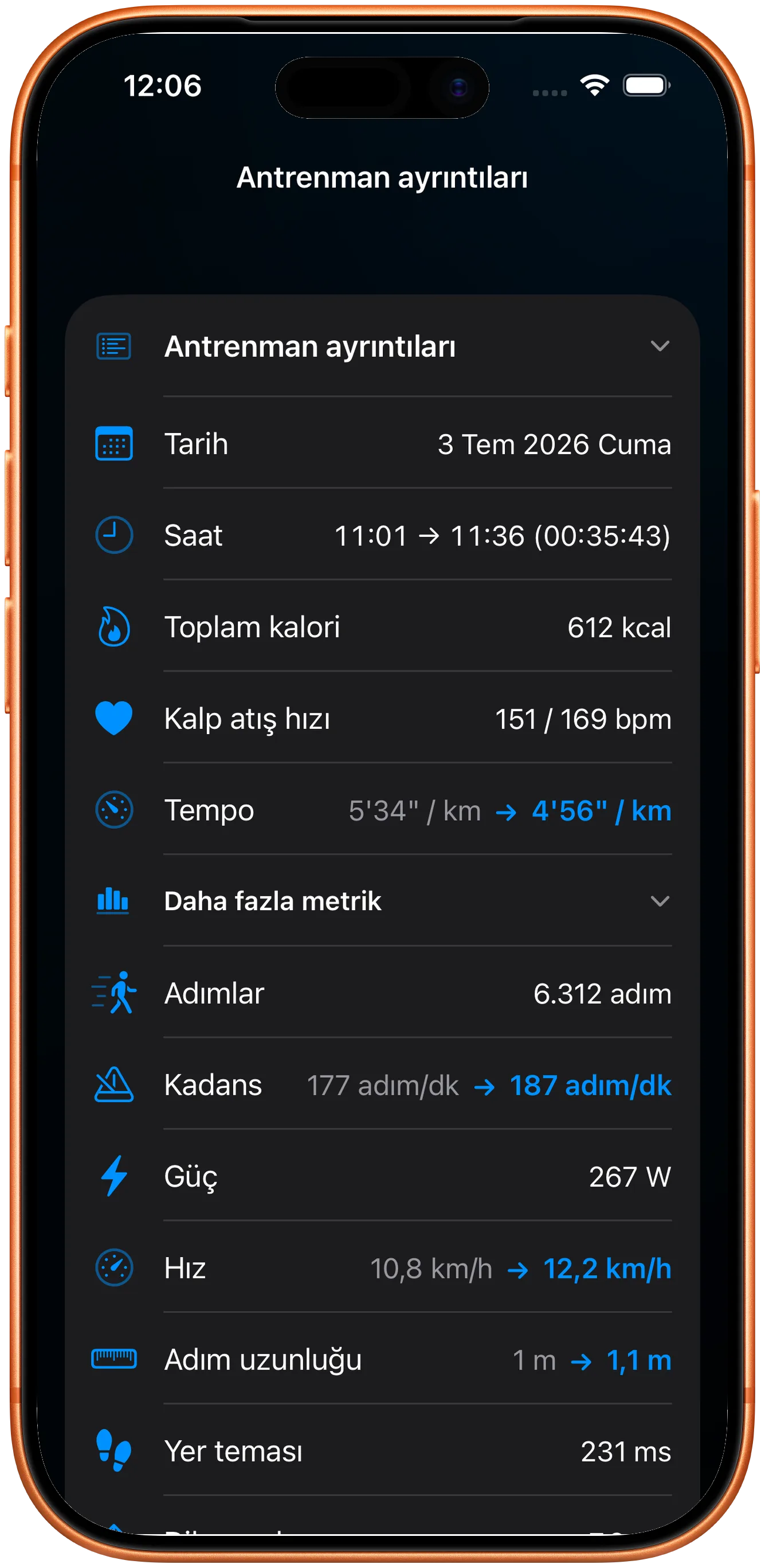 Nabız, adım sıklığı ve gücün korunduğu antrenman ayrıntıları