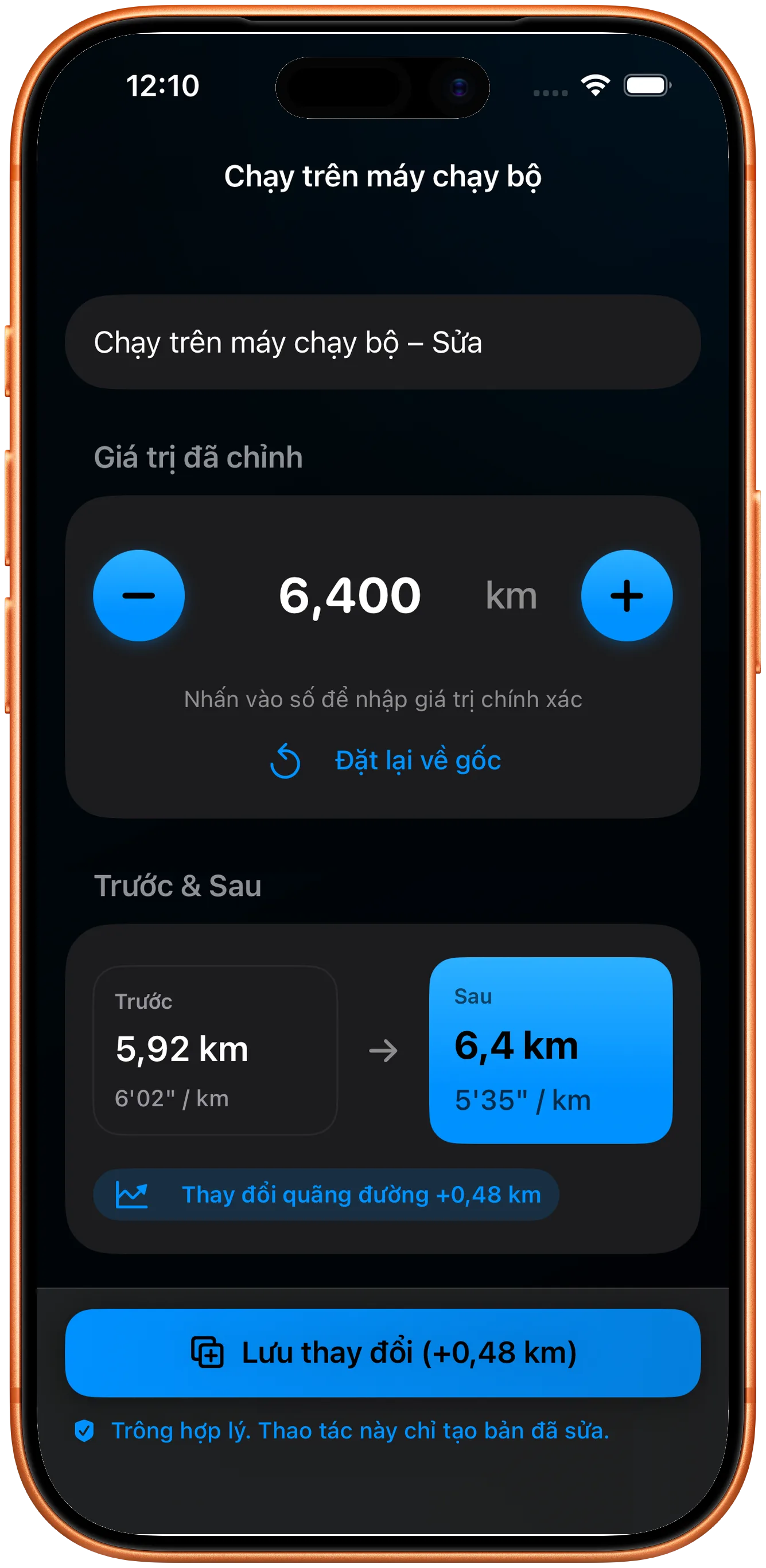 Trình sửa để nhập quãng đường đã sửa