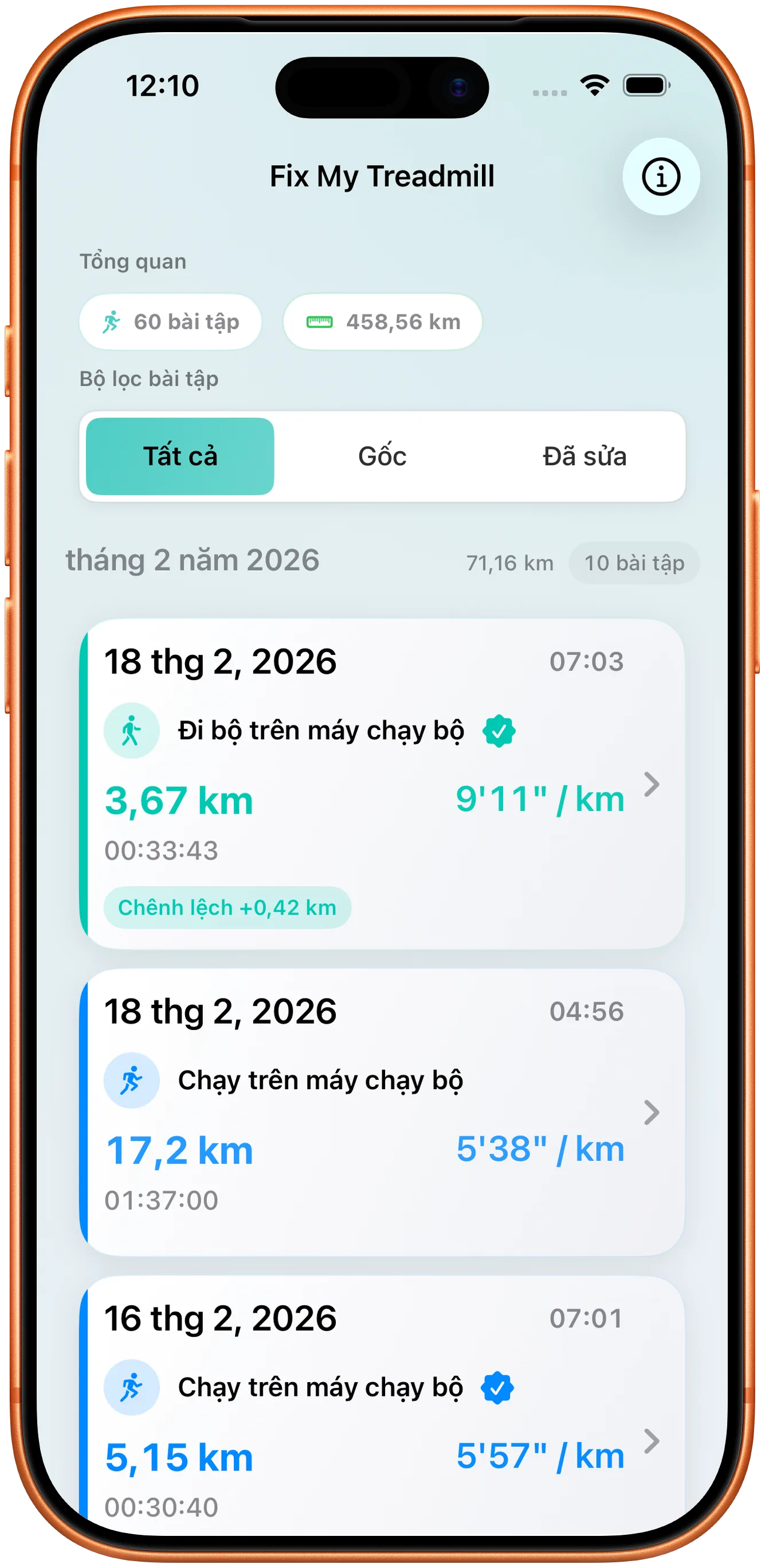 Danh sách buổi tập ở chế độ sáng
