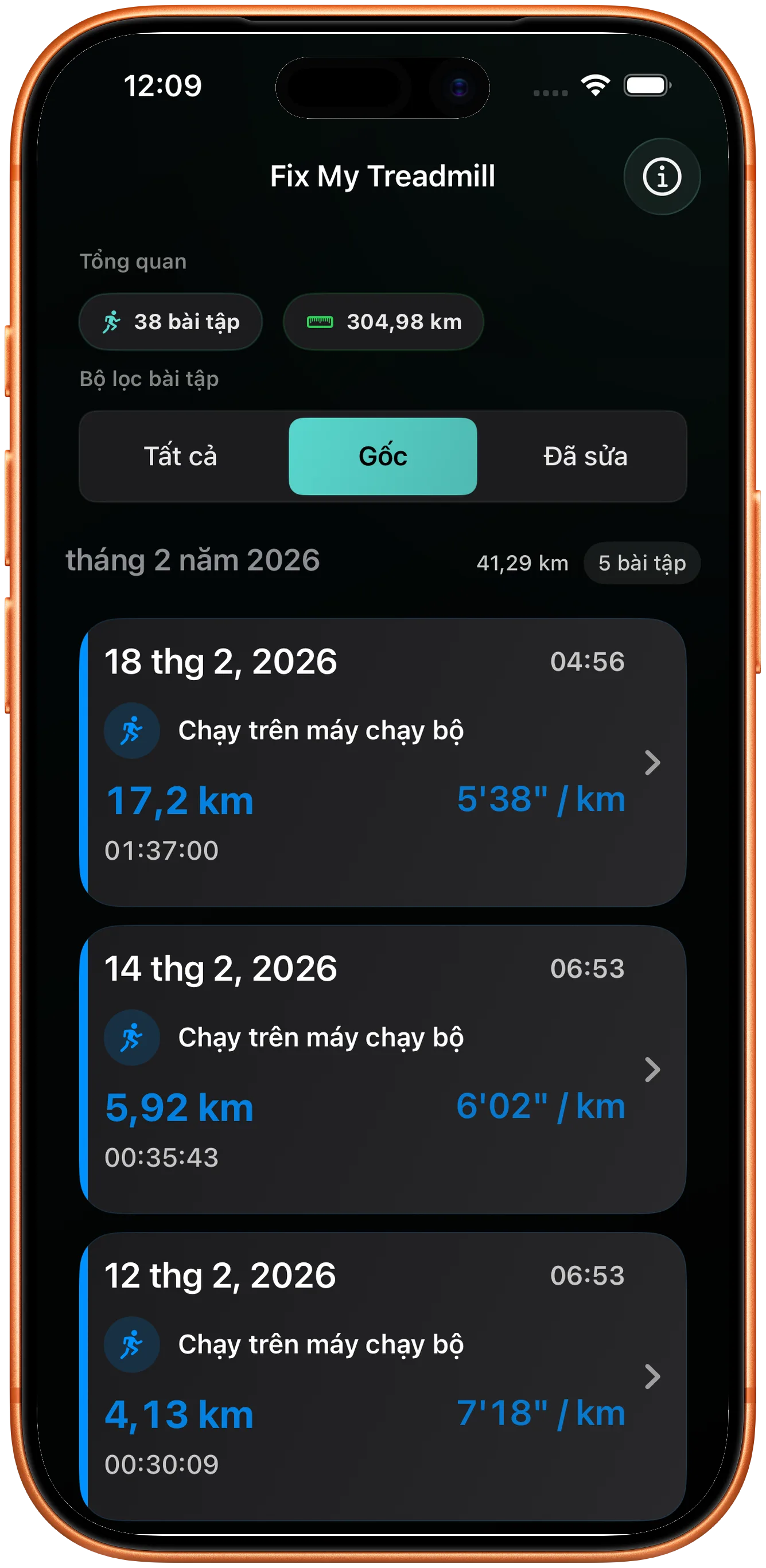 Danh sách buổi tập với một lần chạy cần sửa quãng đường