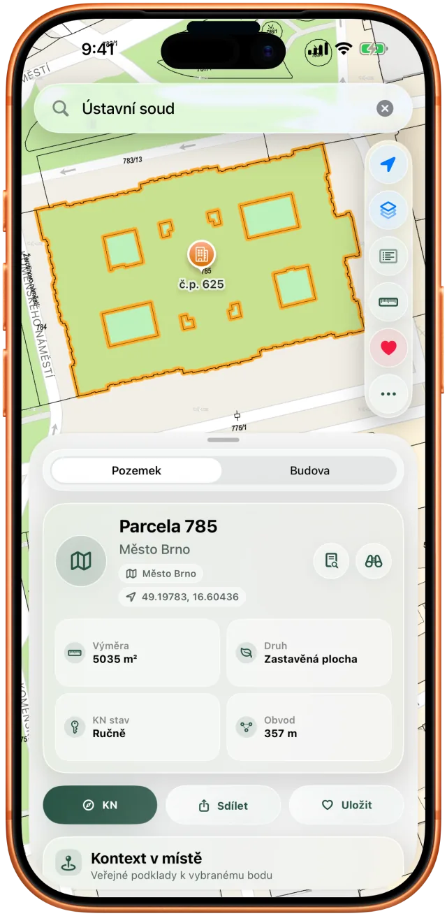 Přehled detailu parcely s výměrou, typem pozemku a polohou