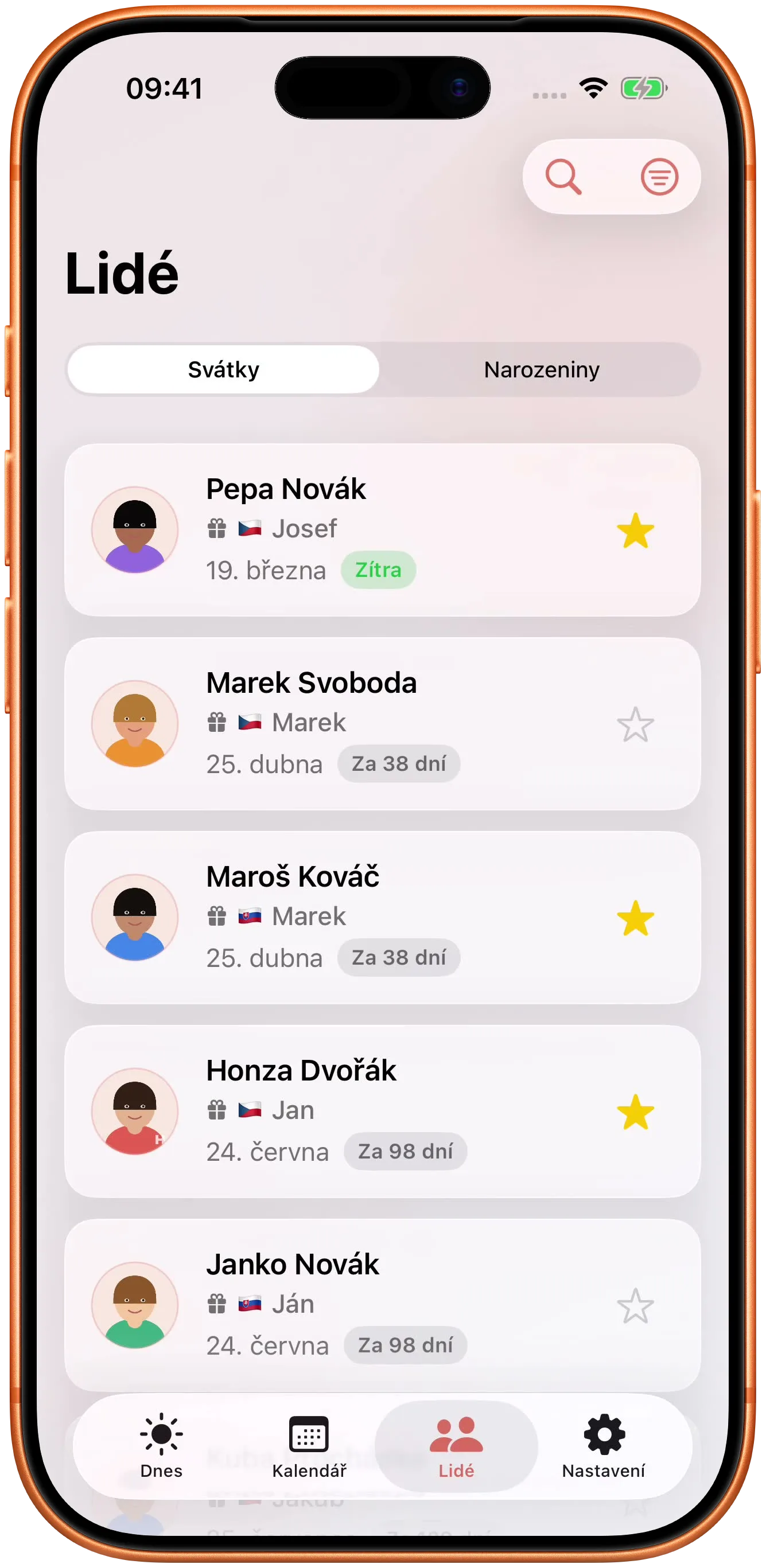 Vaše kontakty přiřazené ke dnům, kdy slaví.