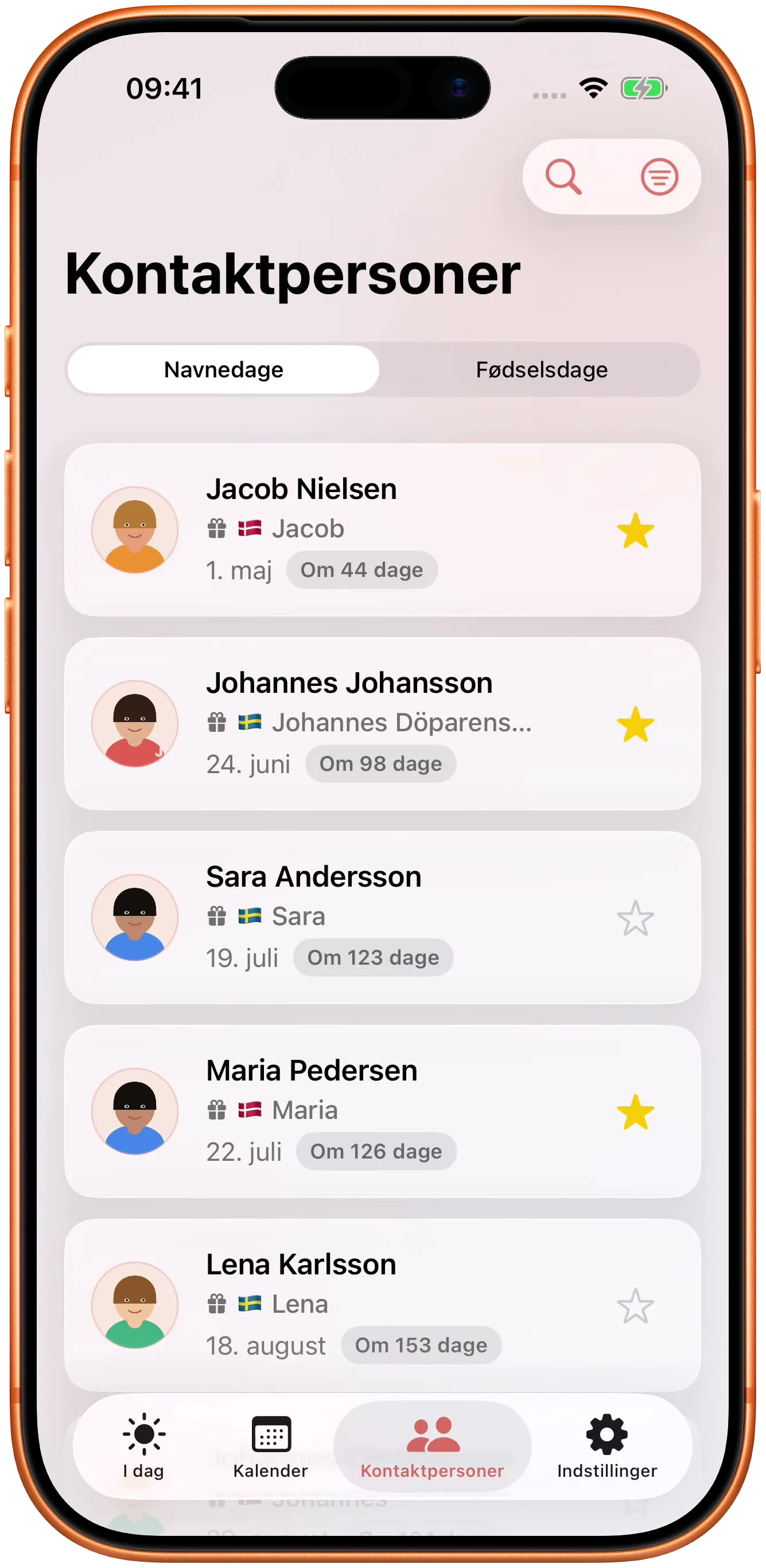 Dine kontakter knyttet til de dage, de har navnedag.