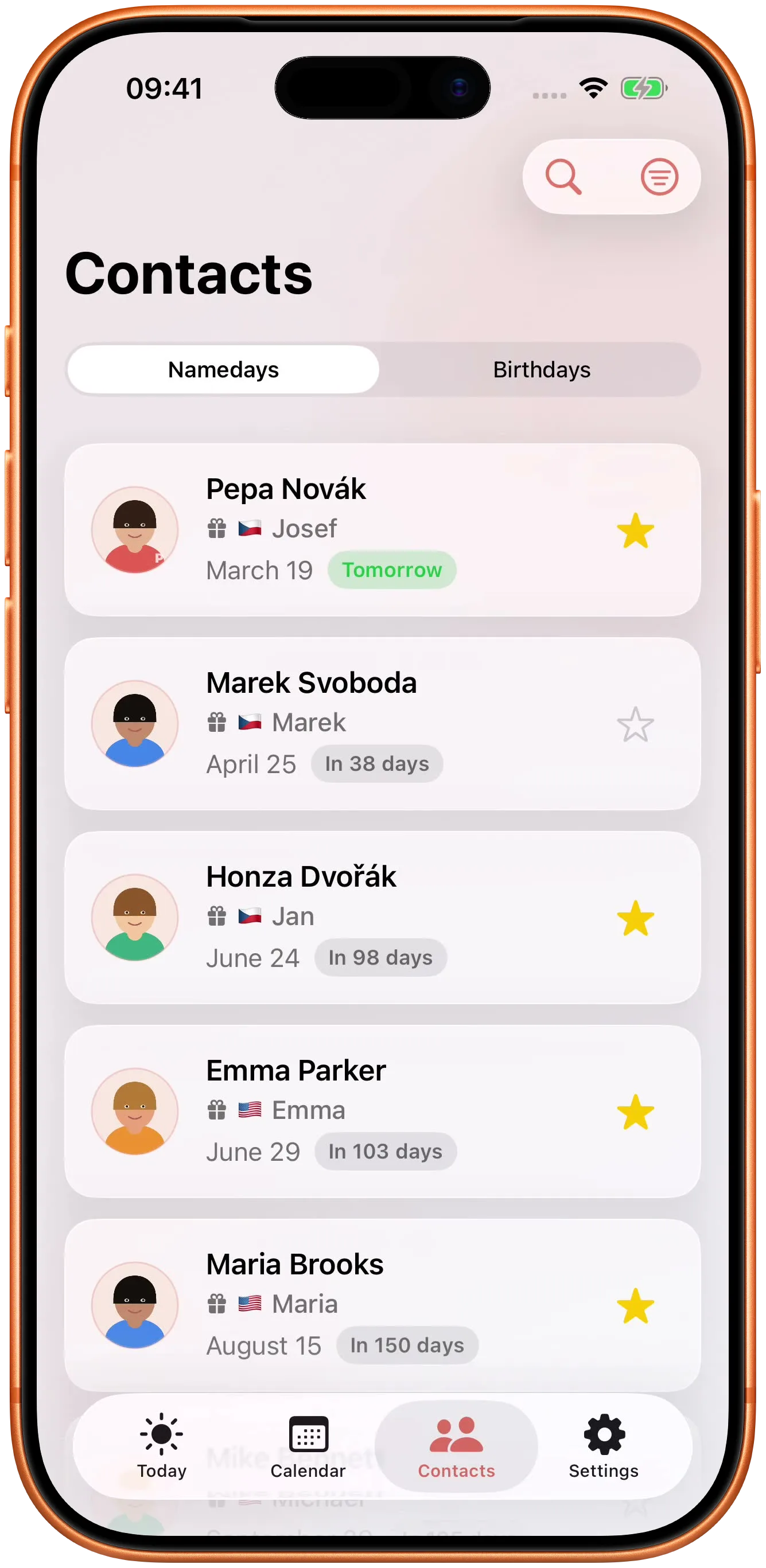 Your contacts matched to the days they celebrate.