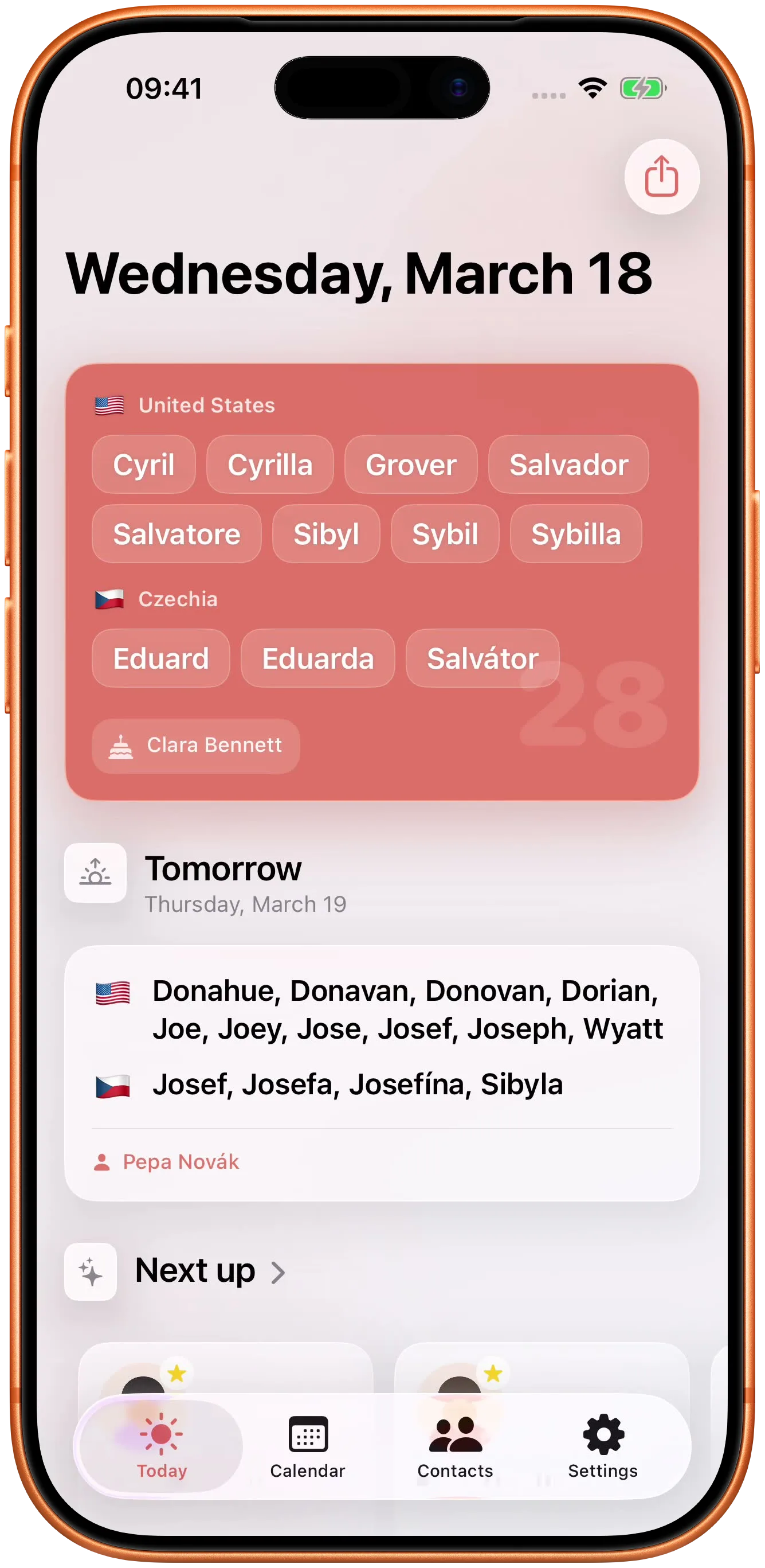 Today's names, tomorrow's, and the holidays around them.
