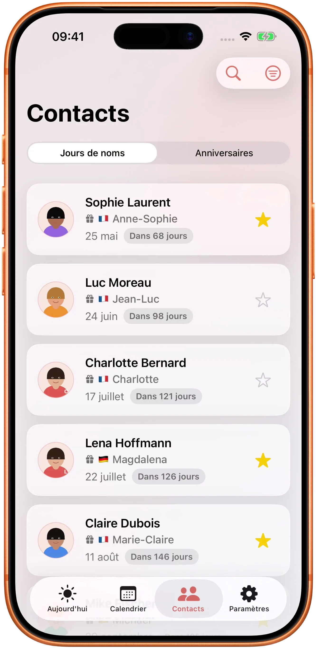 Vos contacts associés aux jours où ils fêtent.