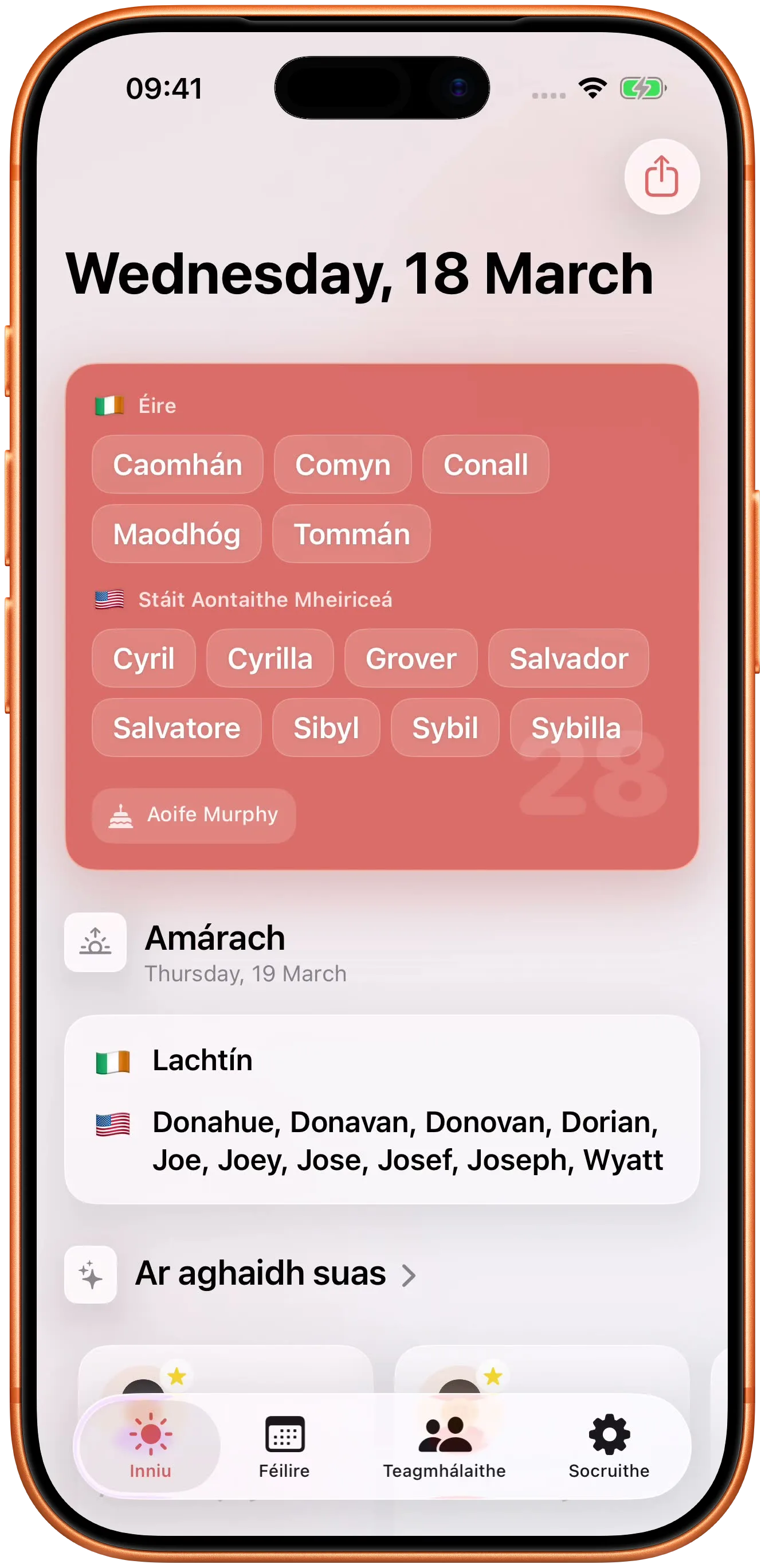 Ainmneacha an lae inniu, iad siúd amárach, agus na laethanta saoire ina dtimpeall.