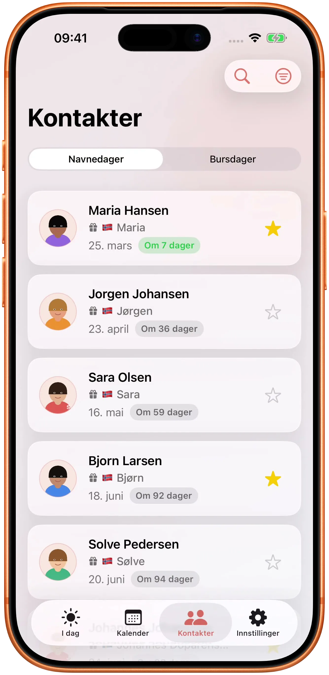 Kontaktene dine knyttet til dagene de feirer.