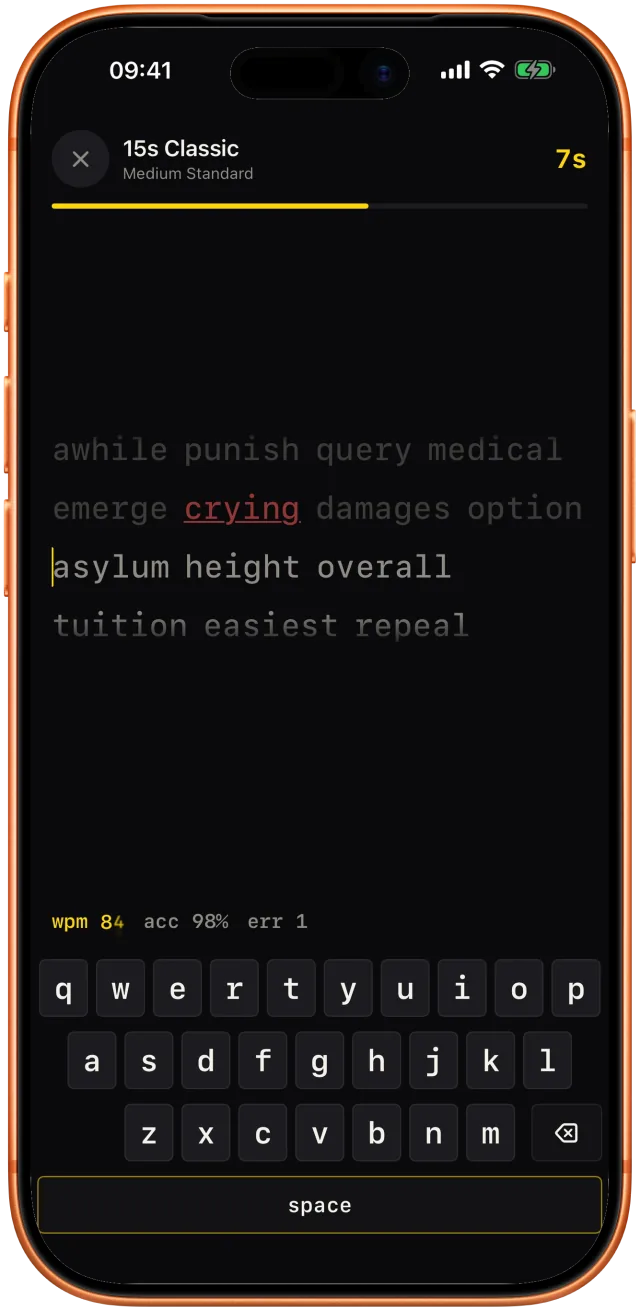 A 15-second Classic run in Qwertiva showing 84 wpm, 98% accuracy and one error