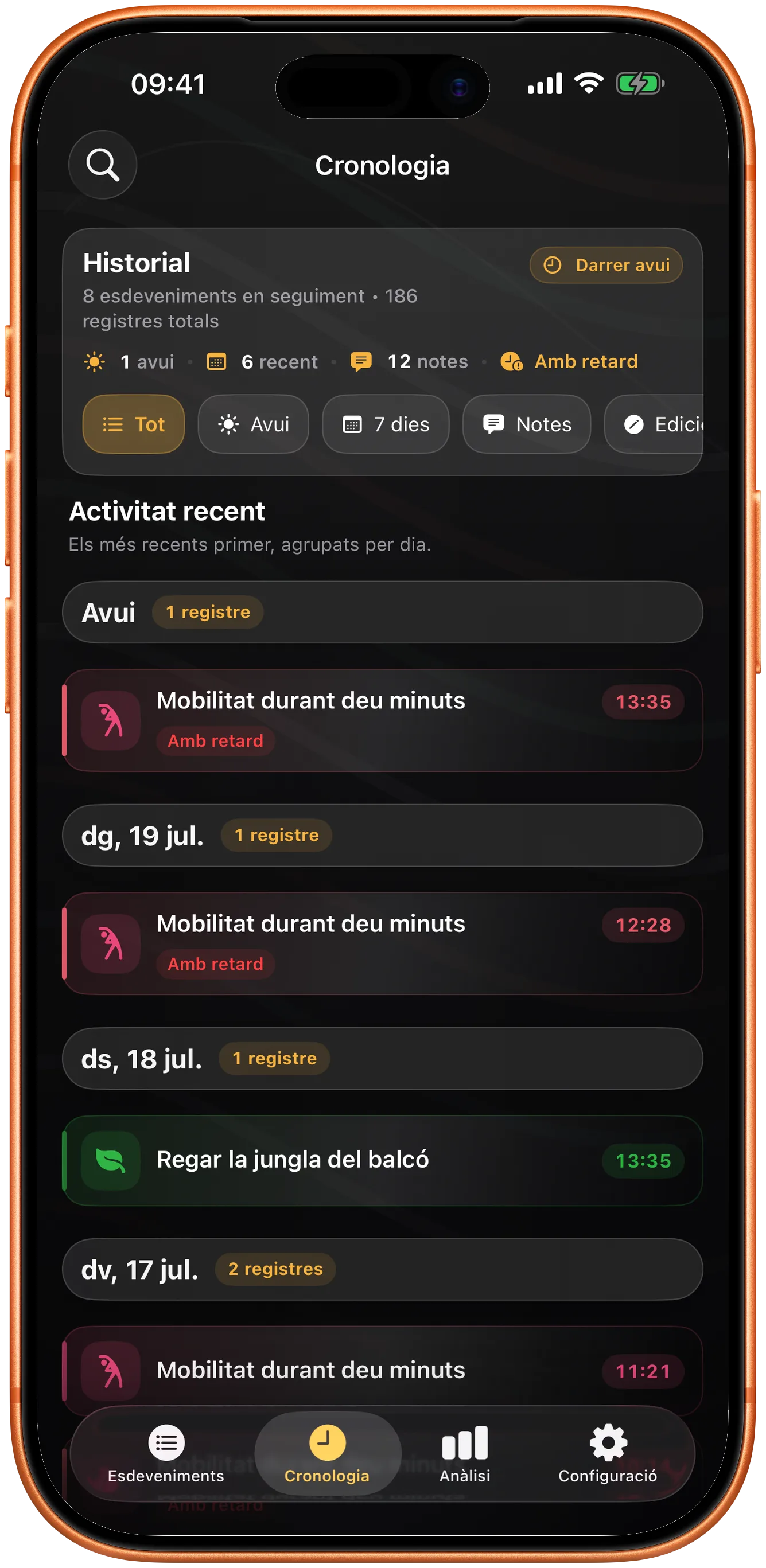 Línia de temps del Takt amb historial cercable de registres anteriors