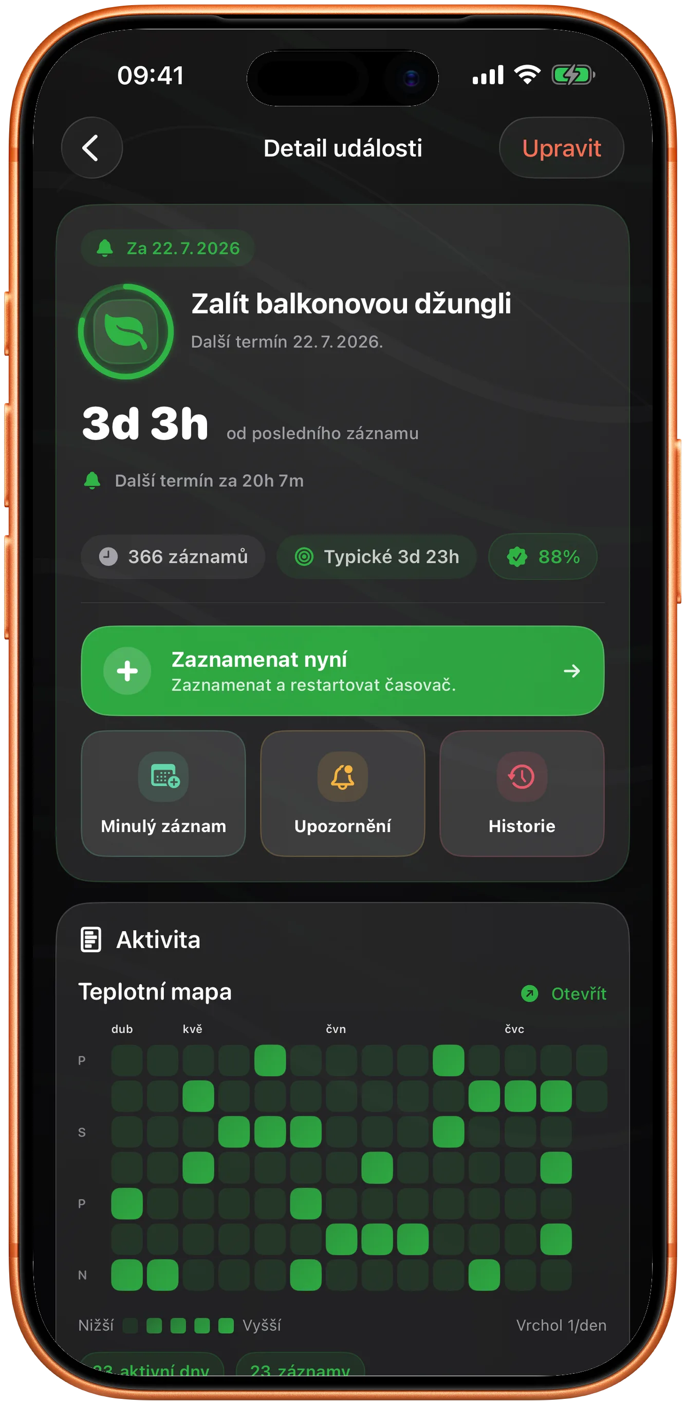 Detail události v Taktu v tmavém režimu s tím, co přijde na řadu
