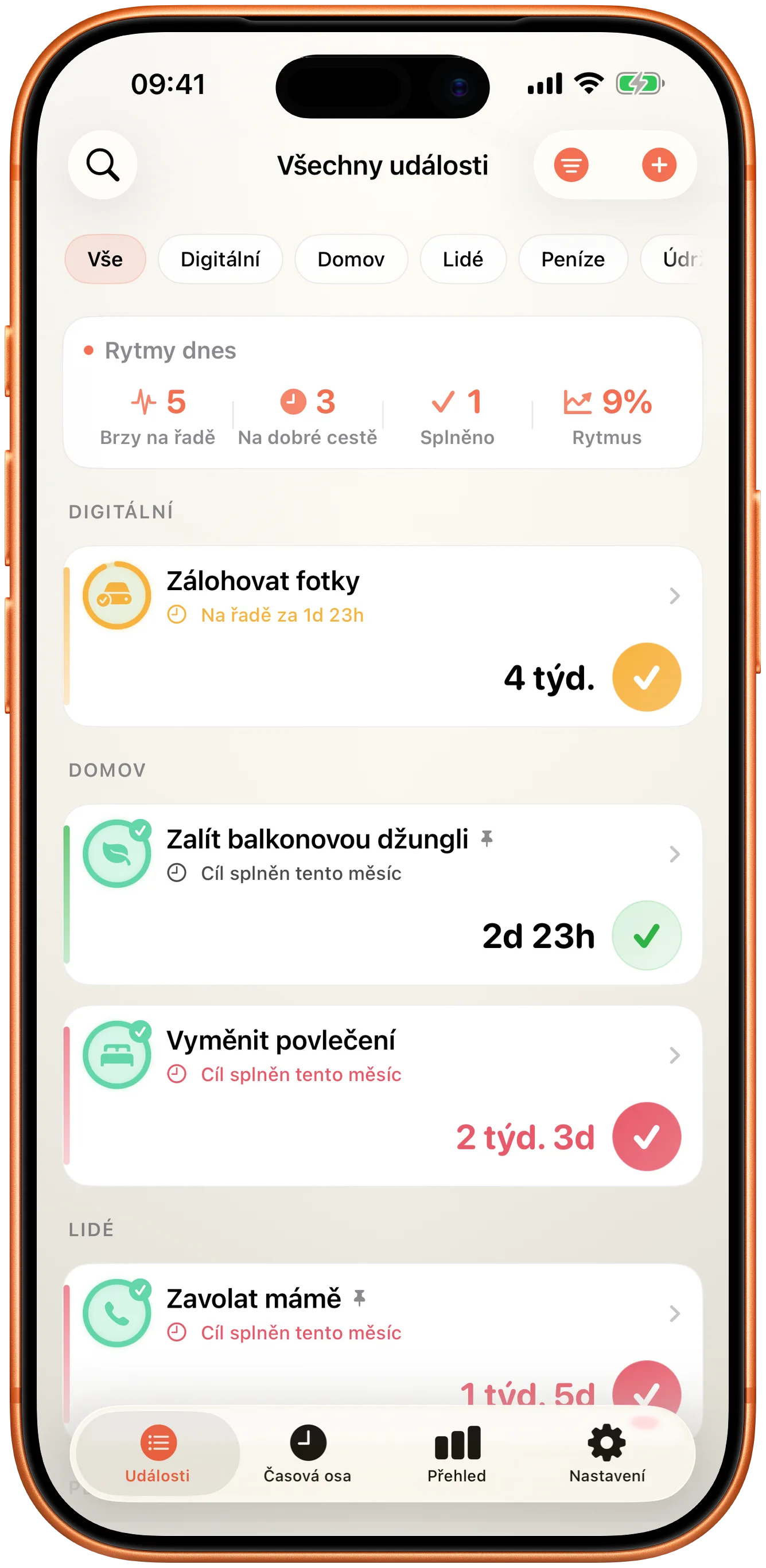 Seznam událostí Taktu s časem od poslední události u každé položky