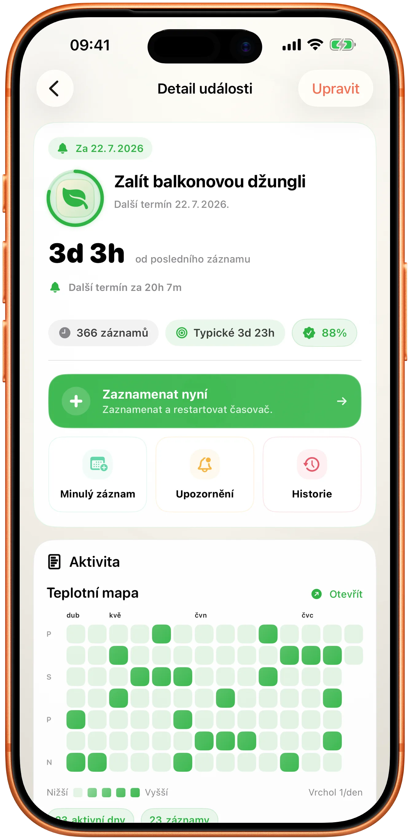 Detail události v Taktu s jediným tlačítkem Zaznamenat