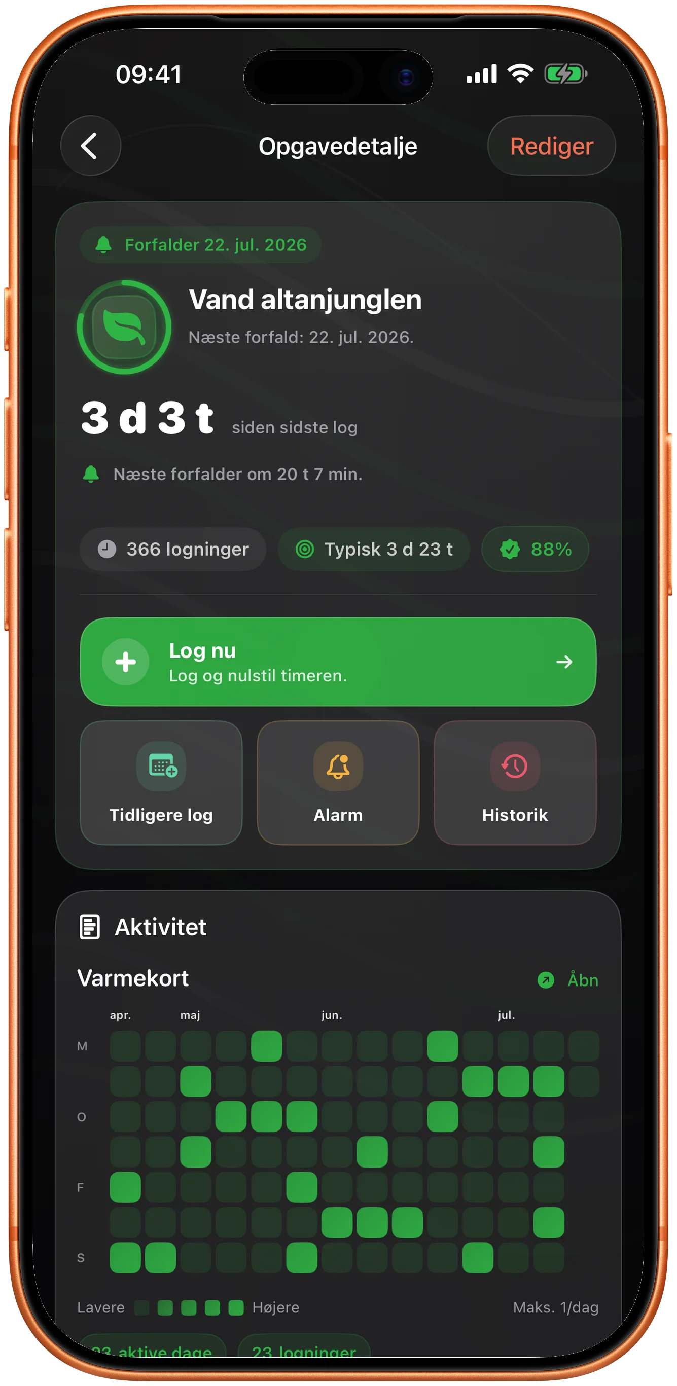 Detaljevisning af en hændelse i Takt i mørk tilstand, der viser hvad der er næste gang