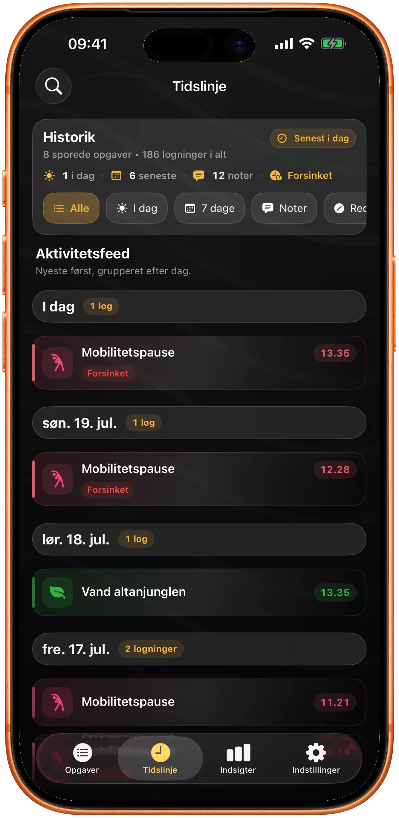 Takts tidslinje med søgbar historik over tidligere registreringer