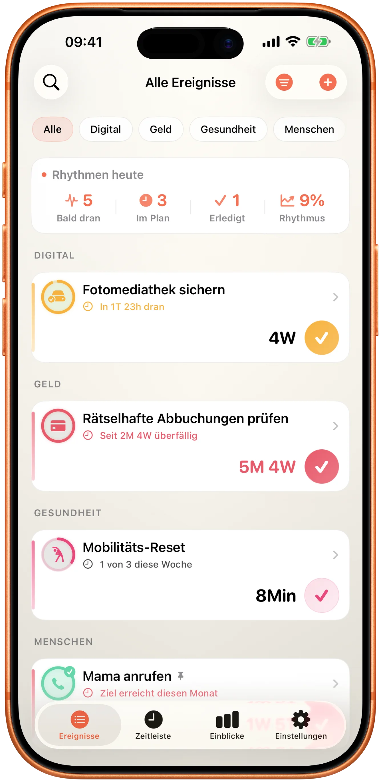 Takt-Ereignisliste mit der Zeit seit dem letzten Mal für jeden Eintrag