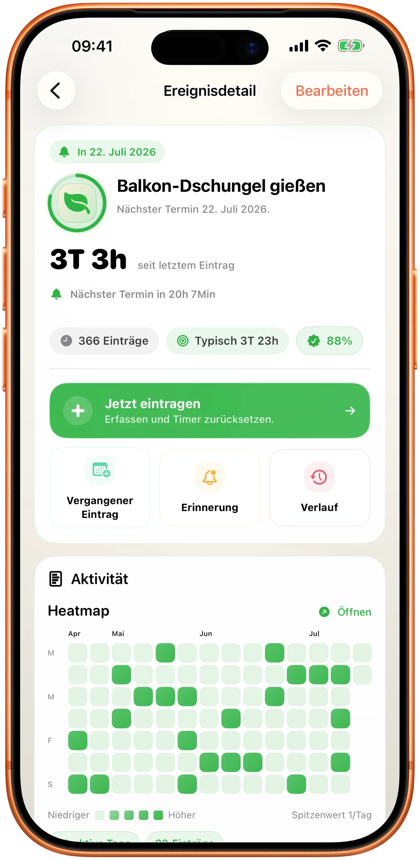 Takt-Ereignisdetail mit einer einzigen Schaltfläche „Jetzt eintragen“