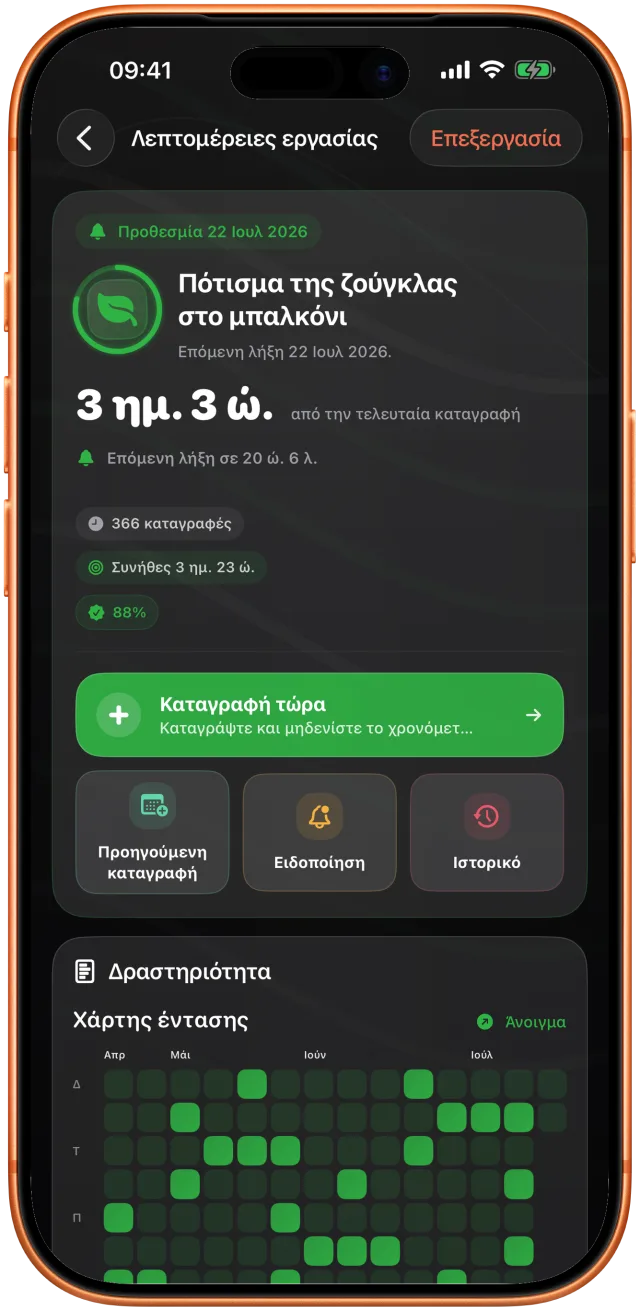 Το Takt δείχνει 3 μέρες και 9 ώρες από το τελευταίο πότισμα των φυτών του μπαλκονιού, με την επόμενη ημερομηνία