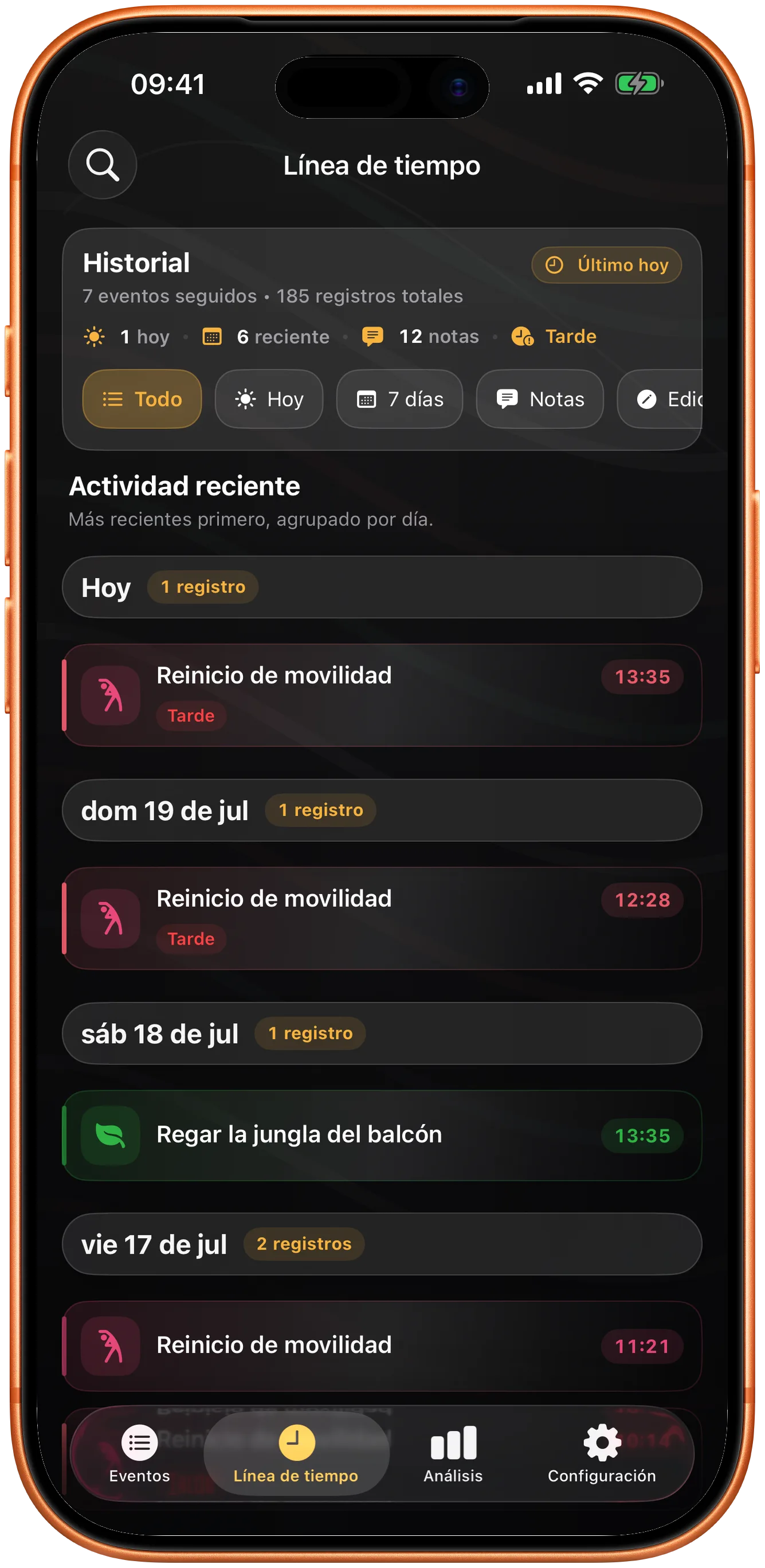 Línea de tiempo de Takt con un historial de entradas anteriores que se puede buscar
