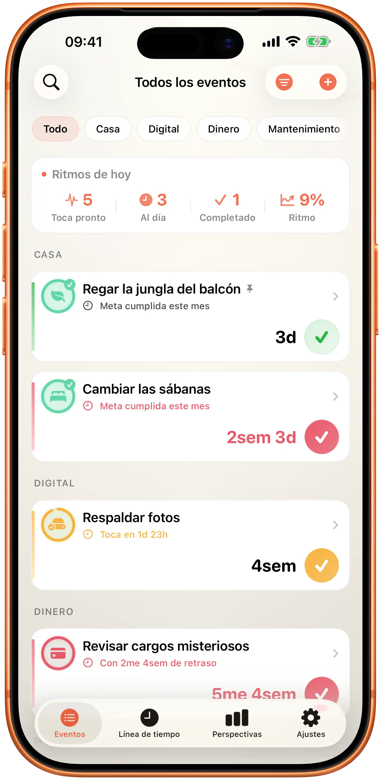 Lista de eventos de Takt con el tiempo desde la última vez de cada uno