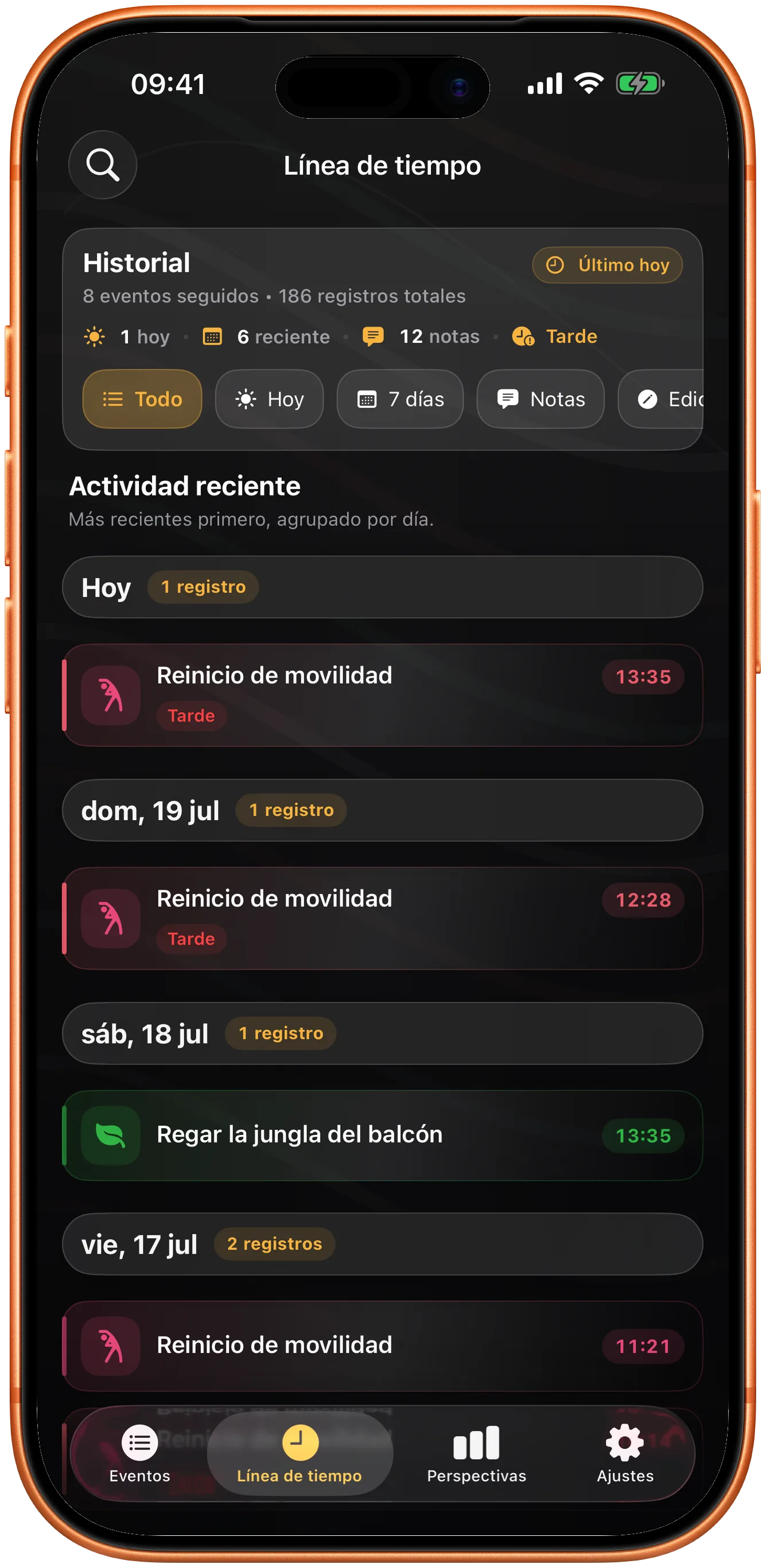 Línea de tiempo de Takt con un historial de entradas anteriores que se puede buscar