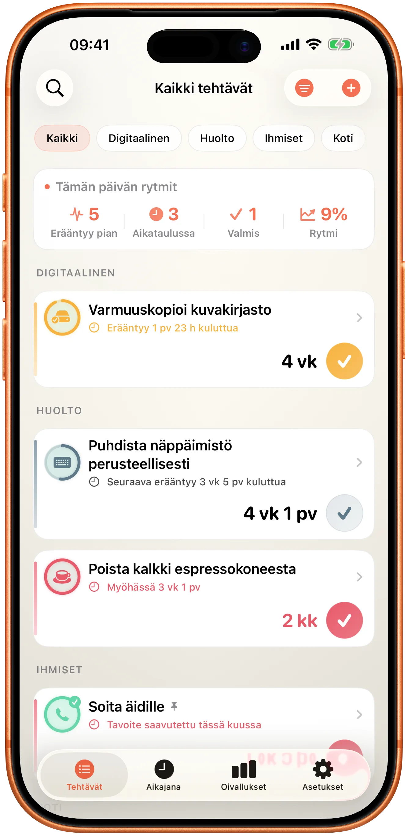 Taktin tapahtumalista, jokaisessa aika viimeisestä kerrasta