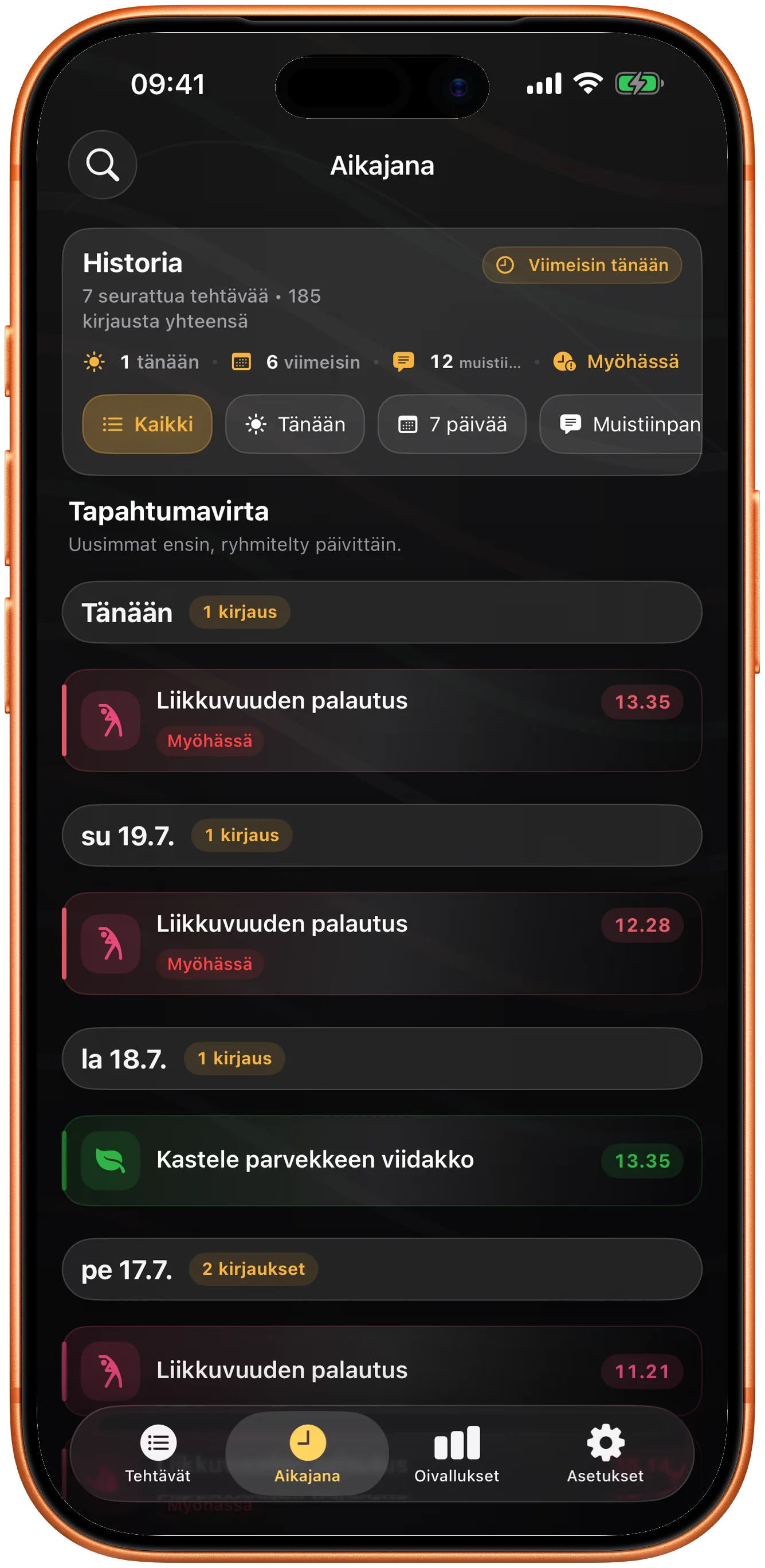 Taktin aikajana ja haettava historia aiemmista merkinnöistä