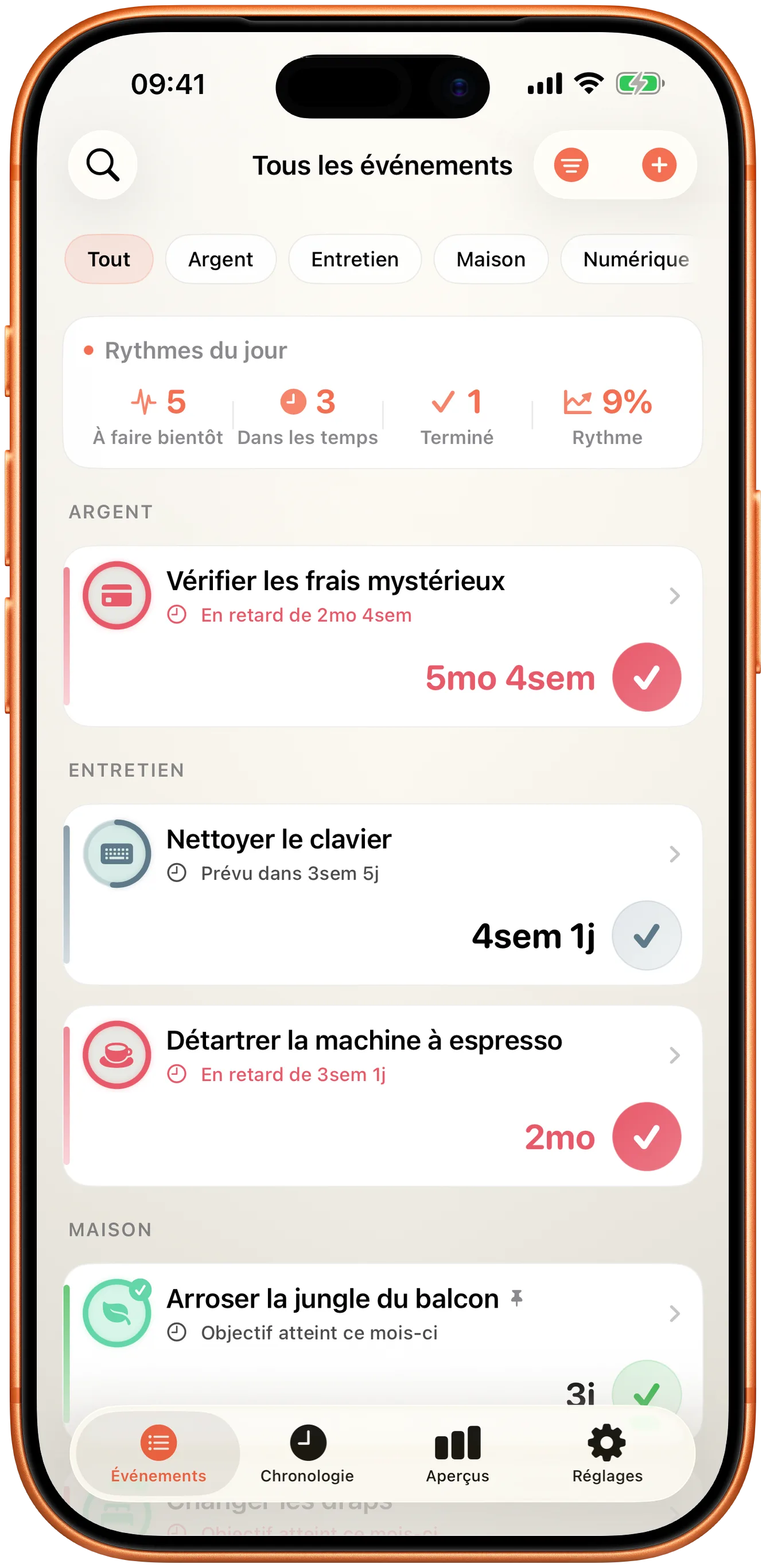 Liste des événements Takt avec le temps écoulé depuis chacun