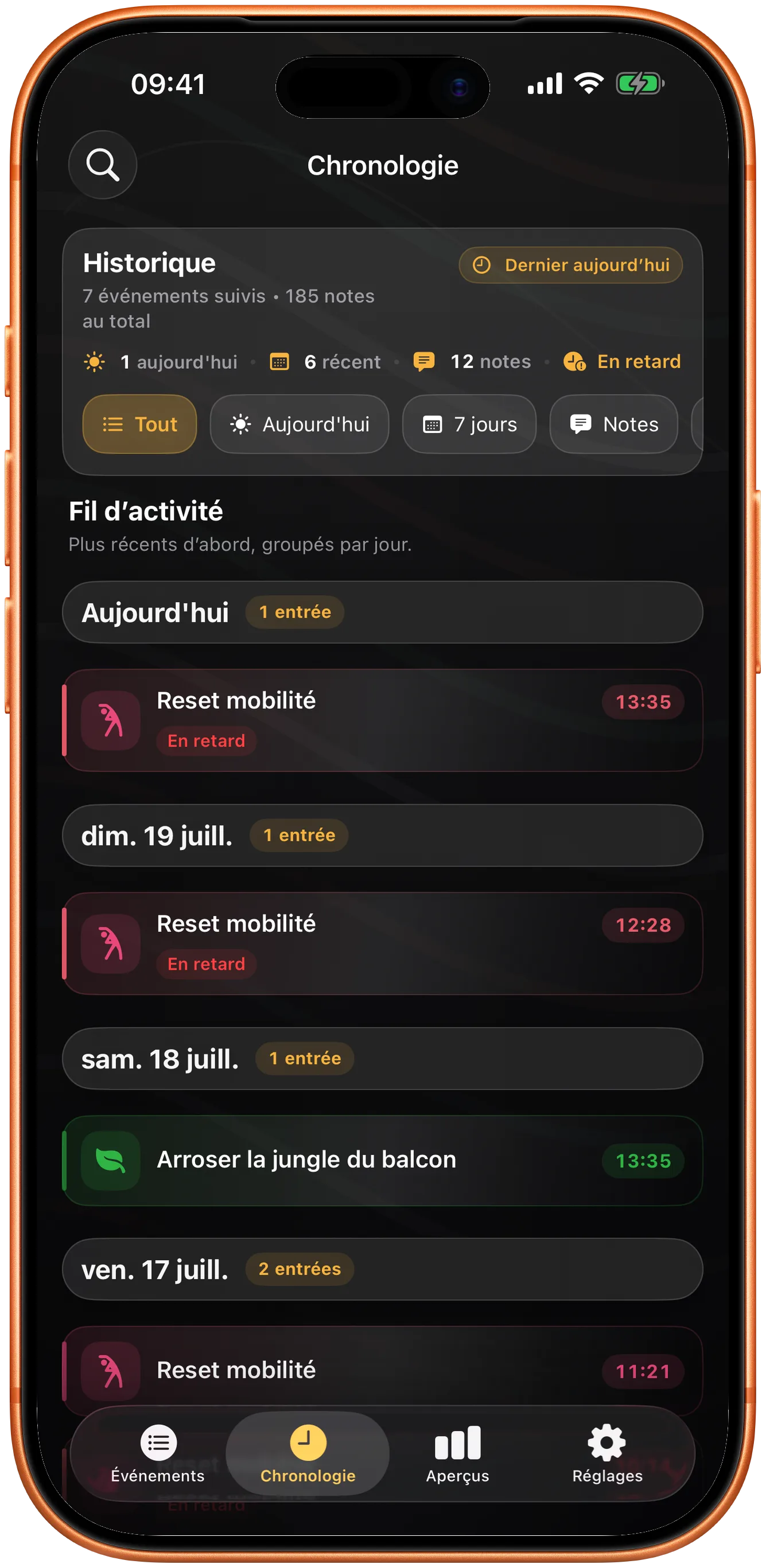 Chronologie Takt avec un historique consultable des entrées passées