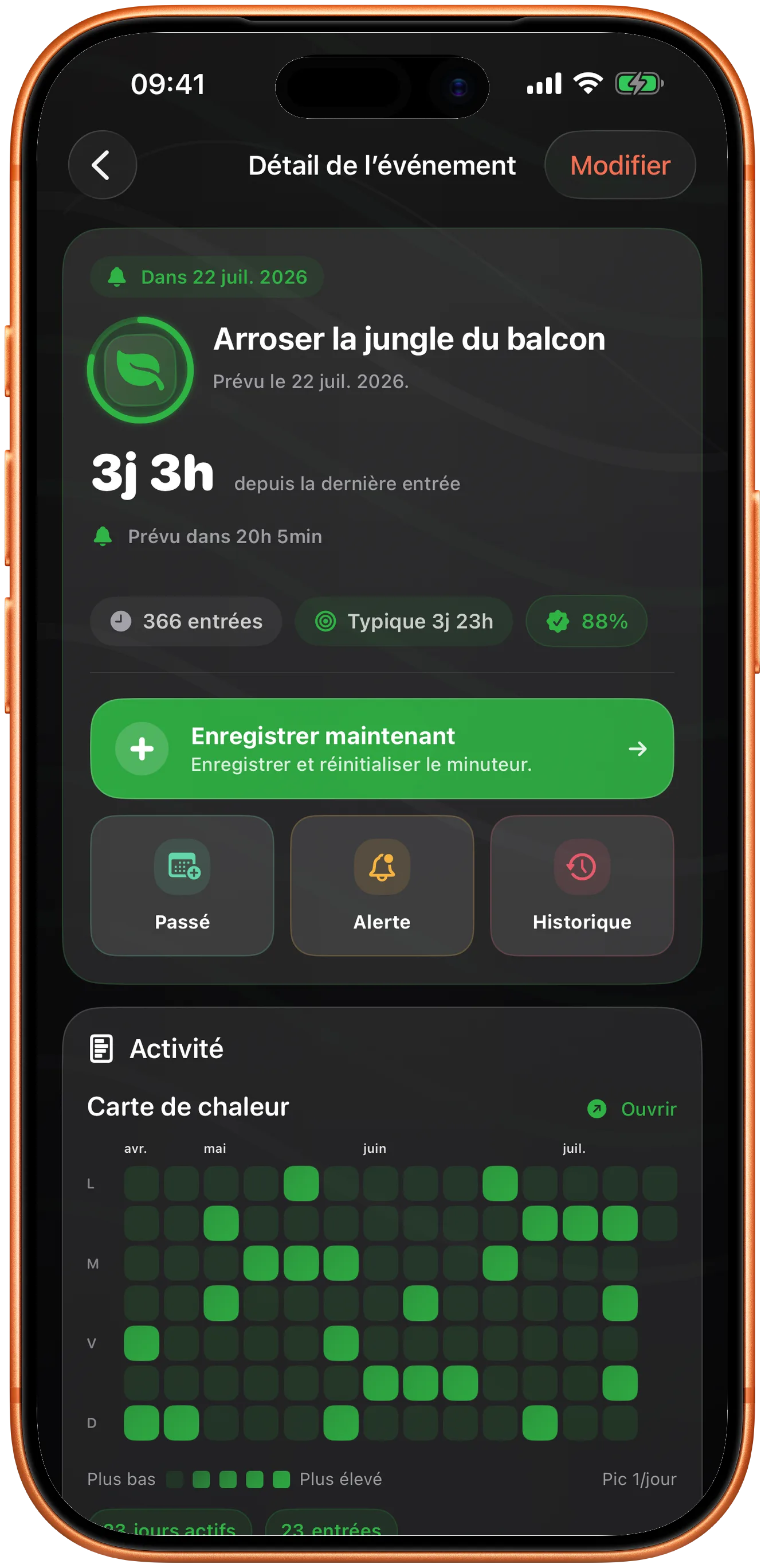 Détail d'un événement dans Takt en mode sombre montrant la prochaine échéance