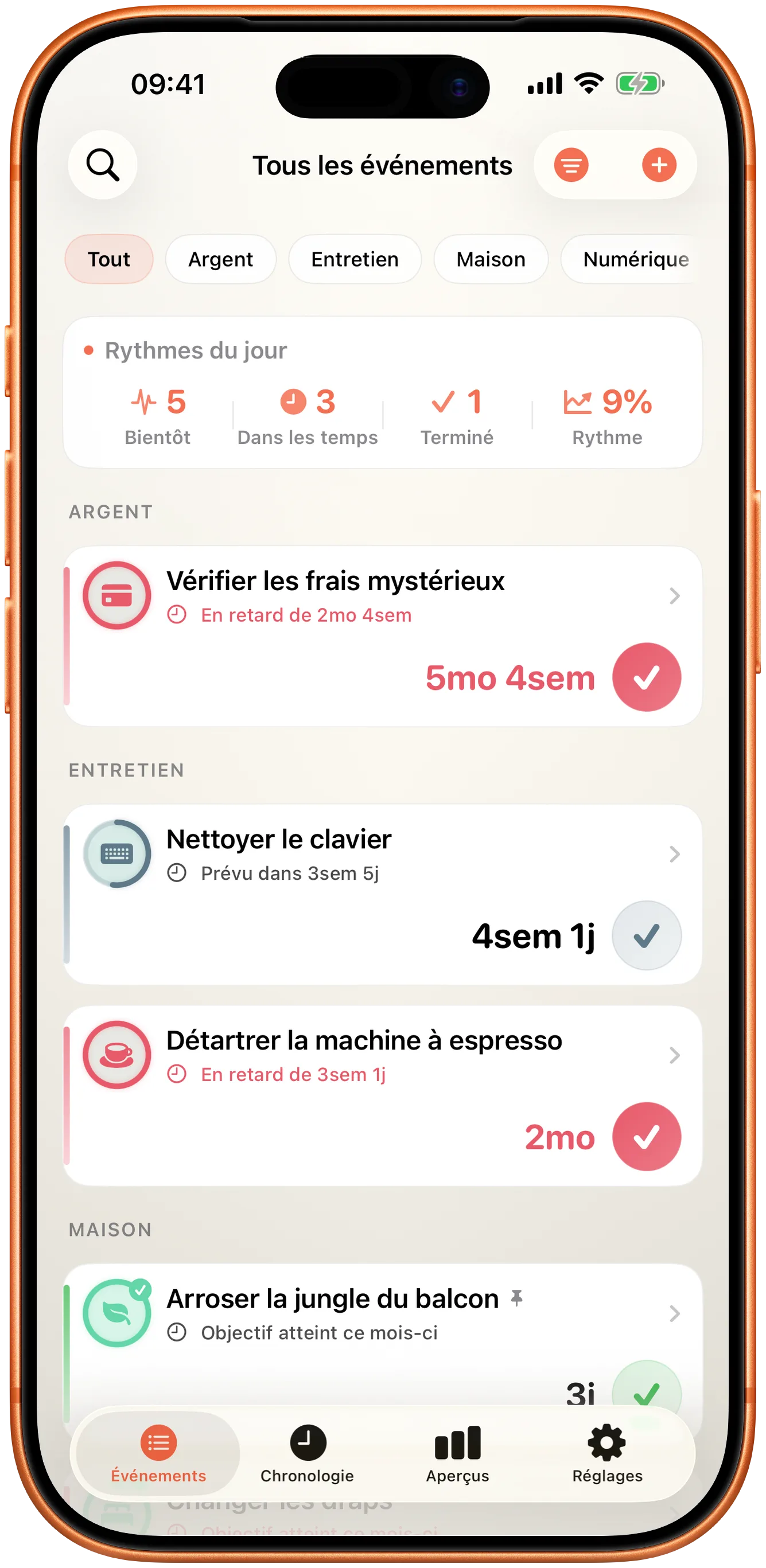 Liste des événements Takt avec le temps écoulé depuis chacun