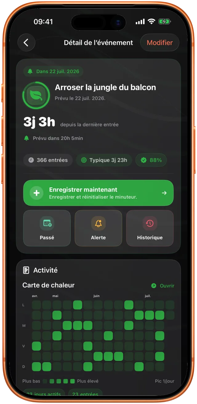 Takt affichant 3 jours 9 heures depuis le dernier arrosage des plantes du balcon, avec la prochaine échéance