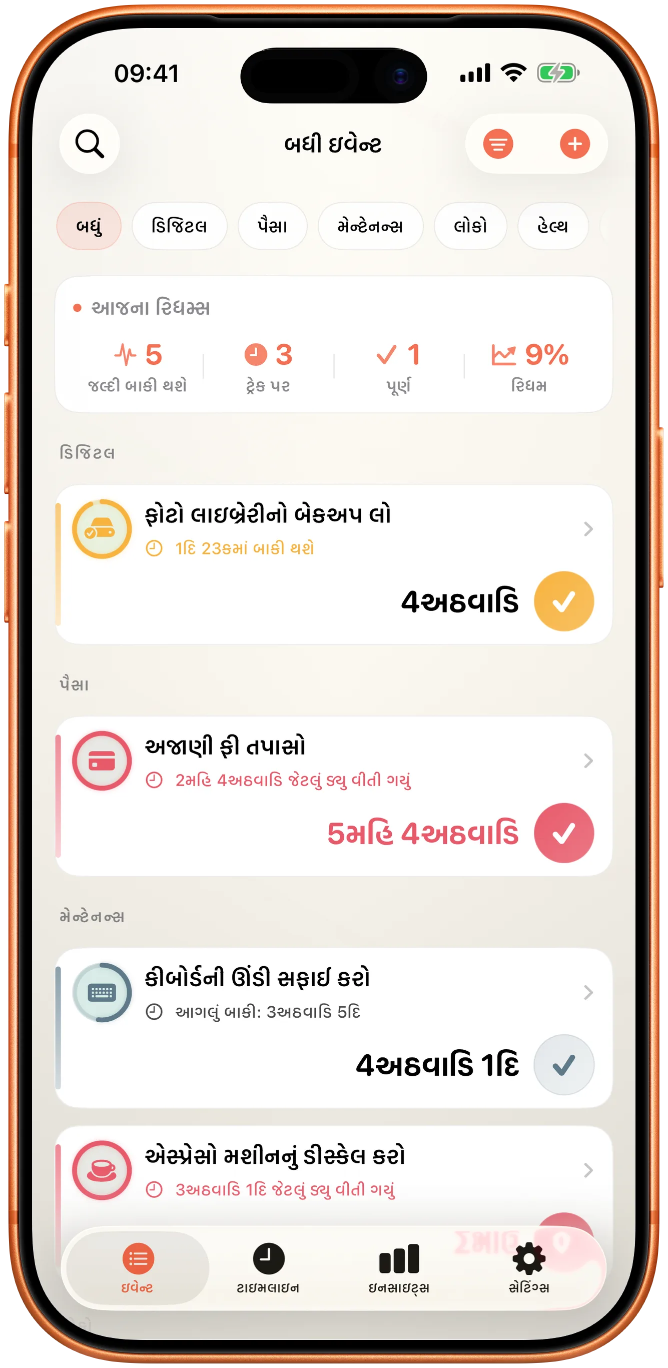 દરેક માટે છેલ્લી વાર પછીના સમય સાથે Takt ની ઘટનાઓની યાદી