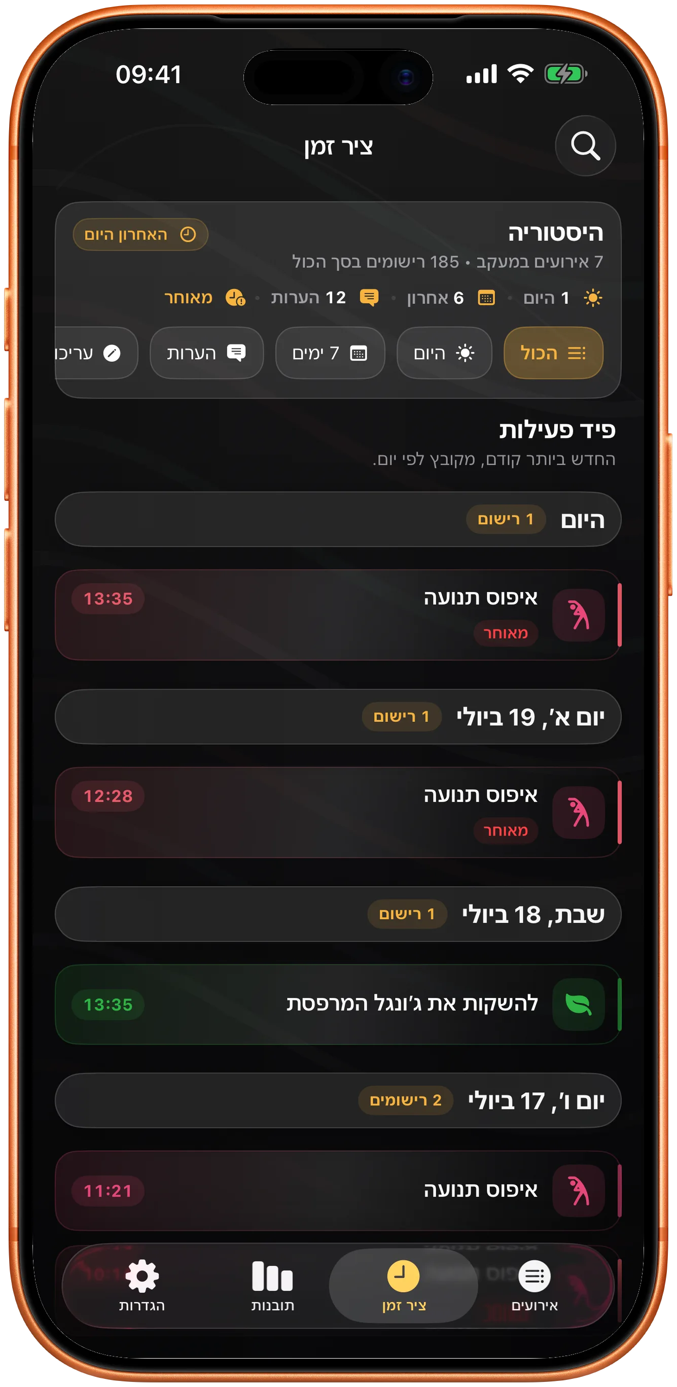 ציר הזמן של Takt עם היסטוריה של רישומים קודמים שאפשר לחפש בה