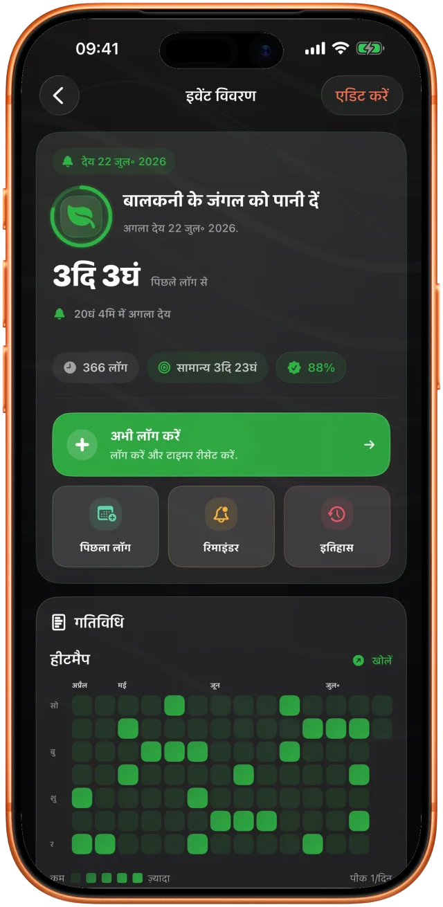 Takt बालकनी के पौधों को आखिरी बार पानी दिए 3 दिन 9 घंटे दिखा रहा है, अगली तारीख़ के साथ