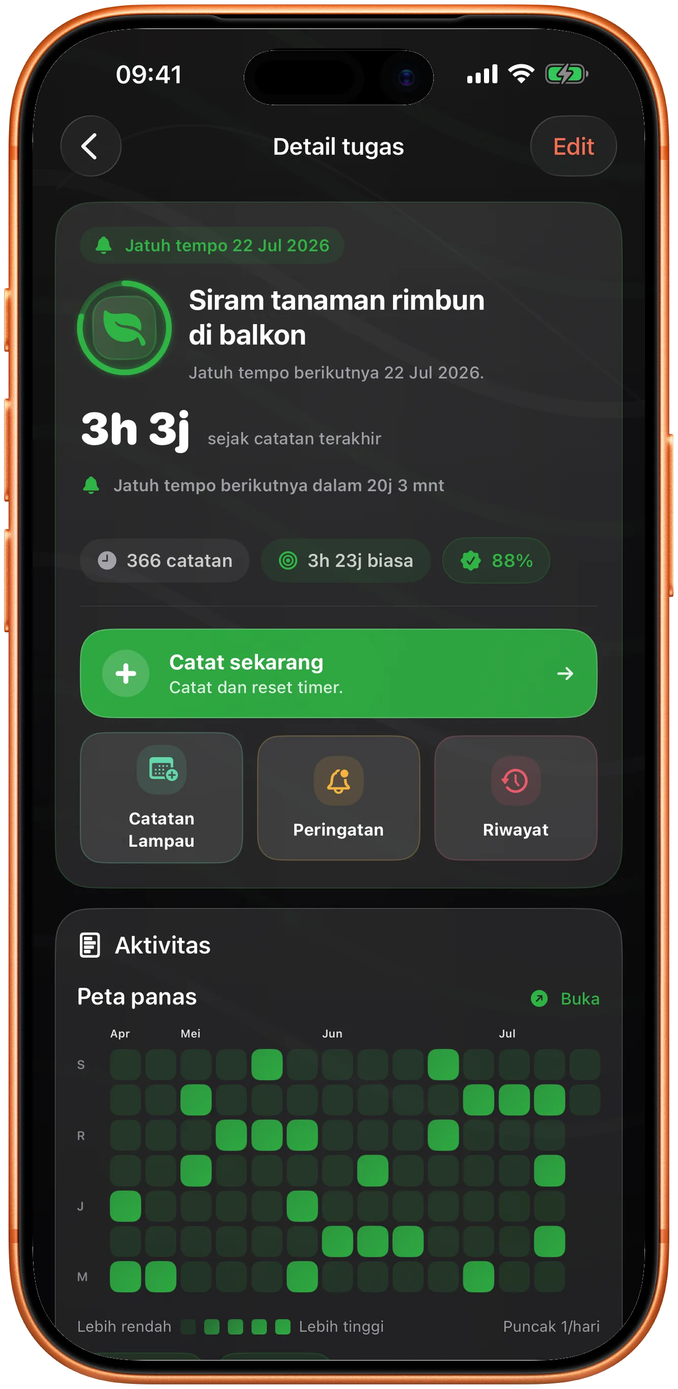 Detail acara di Takt dalam mode gelap, menampilkan apa yang berikutnya
