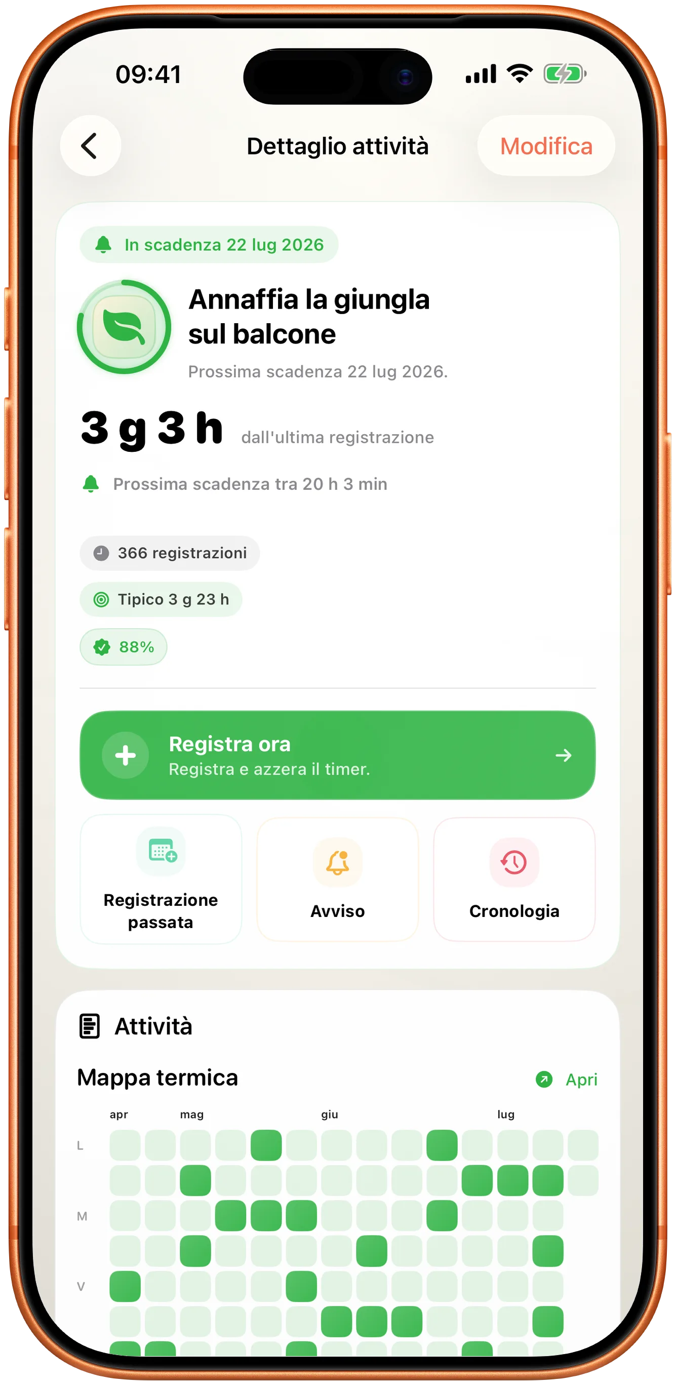 Dettaglio di un evento in Takt con un solo pulsante Registra ora