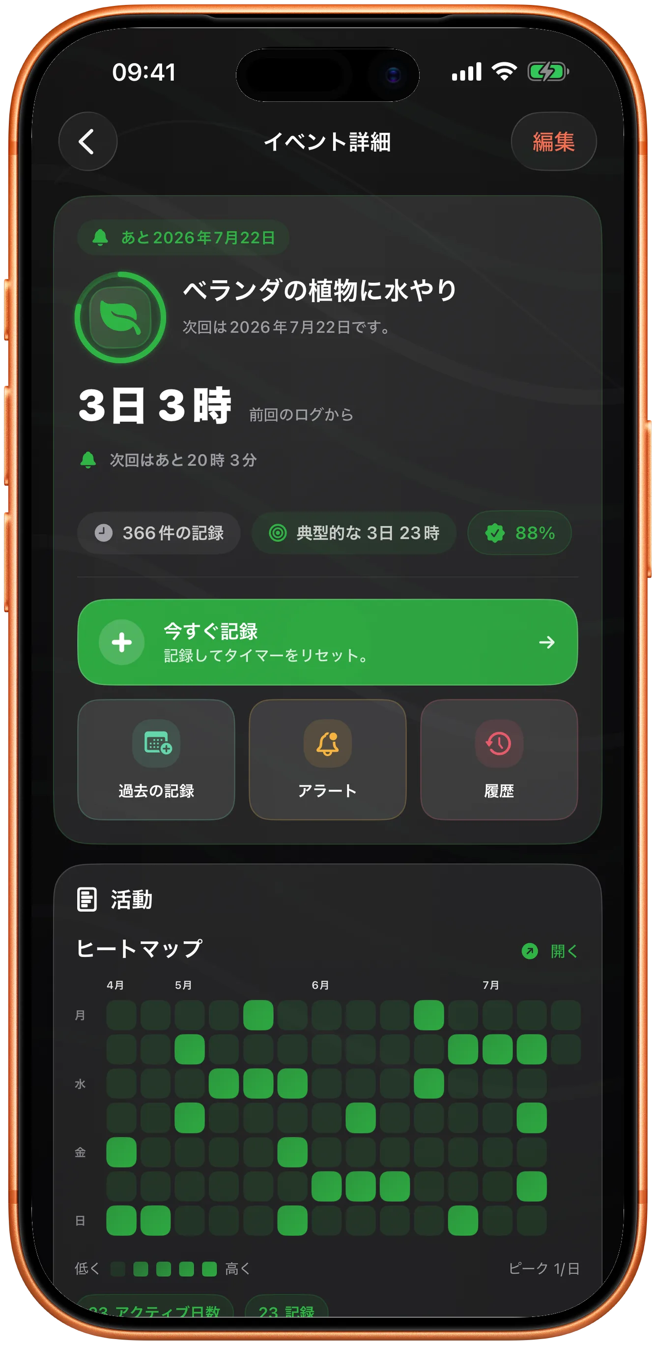 次に来るものを示す、ダークモードの Takt の項目詳細
