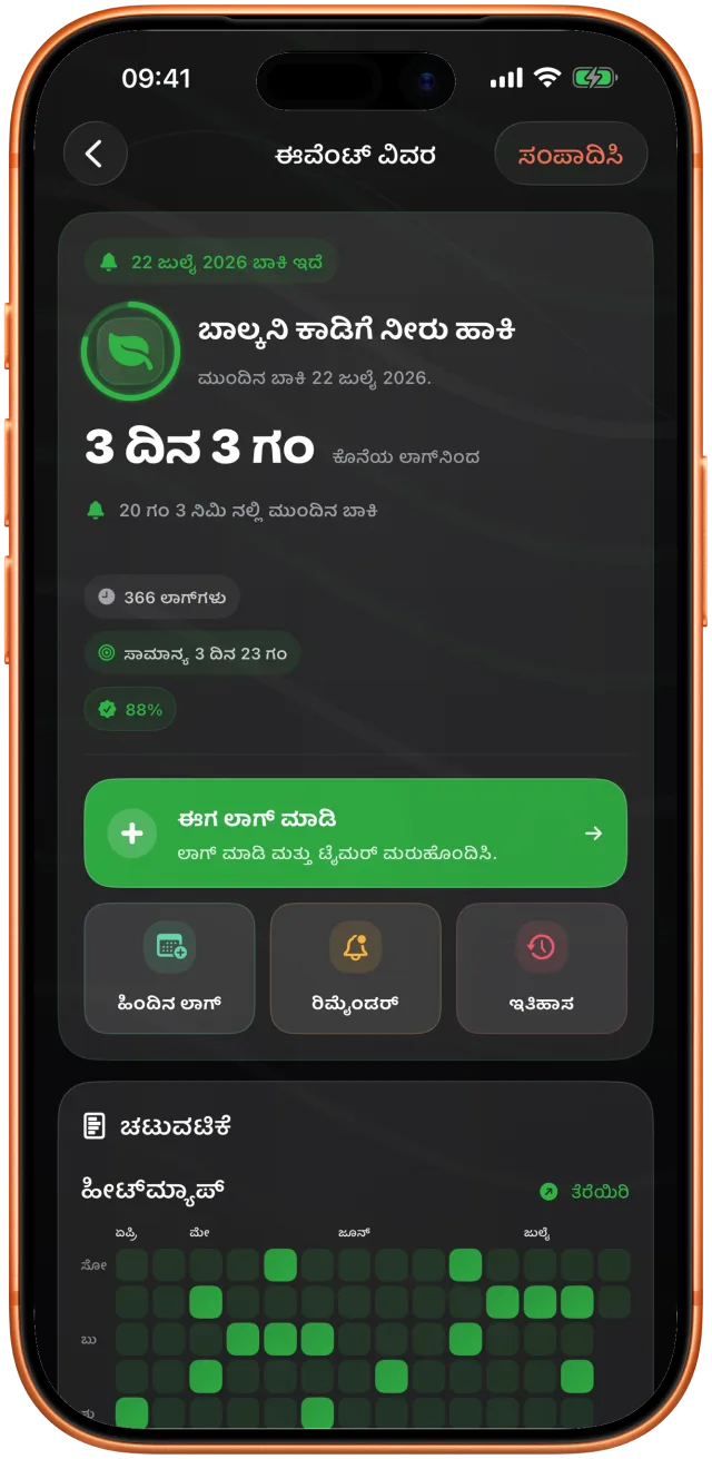 ಬಾಲ್ಕನಿಯ ಗಿಡಗಳಿಗೆ ಕೊನೆಯ ಬಾರಿ ನೀರು ಹಾಕಿ 3 ದಿನ 9 ಗಂಟೆ ಆಗಿರುವುದನ್ನು ಮುಂದಿನ ದಿನಾಂಕದೊಂದಿಗೆ Takt ತೋರಿಸುತ್ತಿದೆ