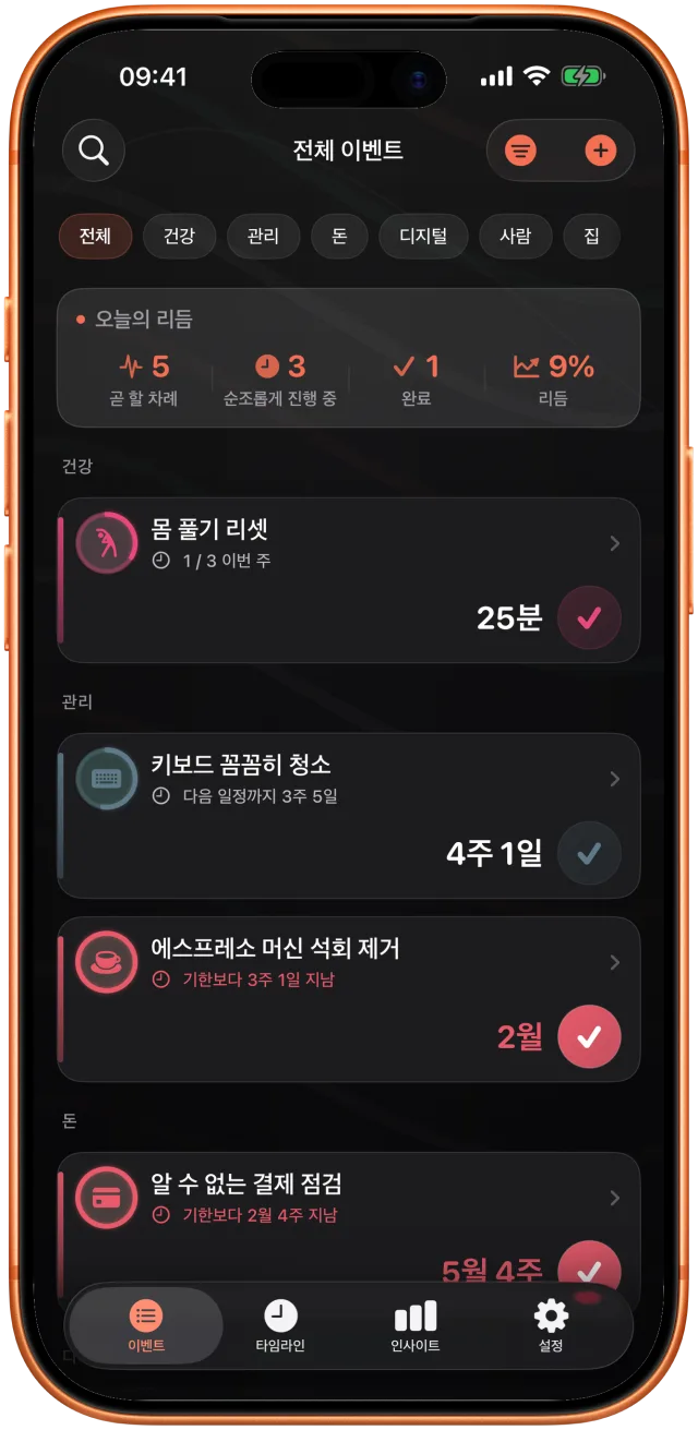 영역별로 묶인 Takt 목록: 사진 백업은 하루 전, 식물 물주기는 사흘 전