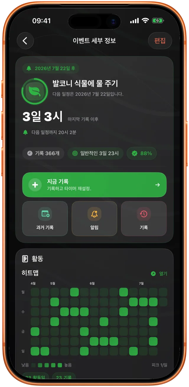발코니 식물에 마지막으로 물을 준 지 3일 9시간이 지났음과 다음 날짜를 보여주는 Takt