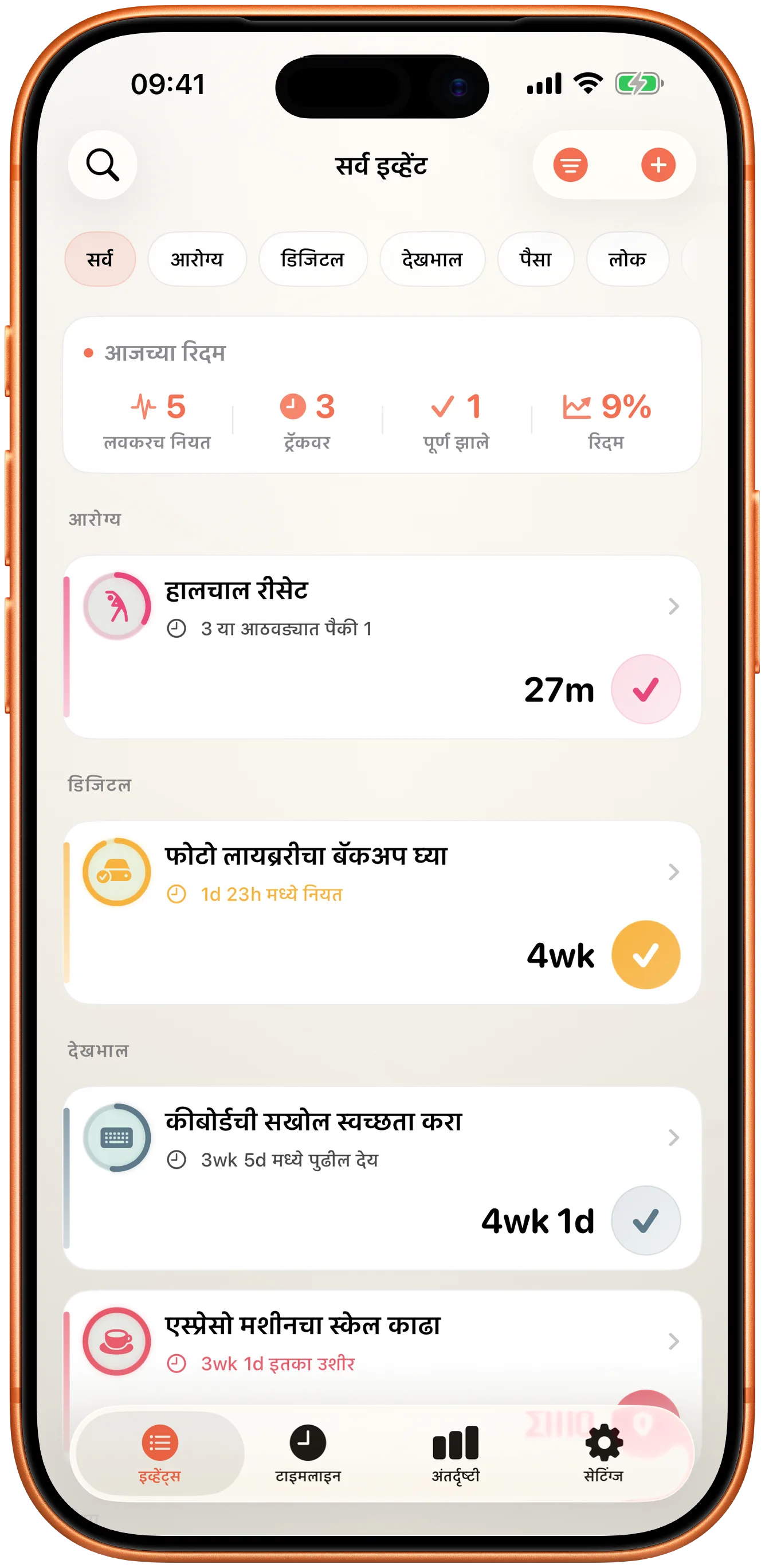 प्रत्येकासाठी शेवटच्या वेळेपासूनच्या वेळेसह Takt ची घटनांची यादी