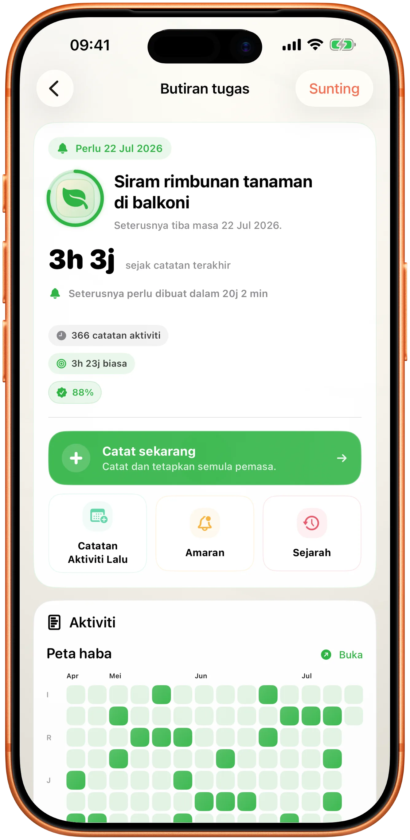 Butiran acara dalam Takt dengan satu butang Catat sekarang