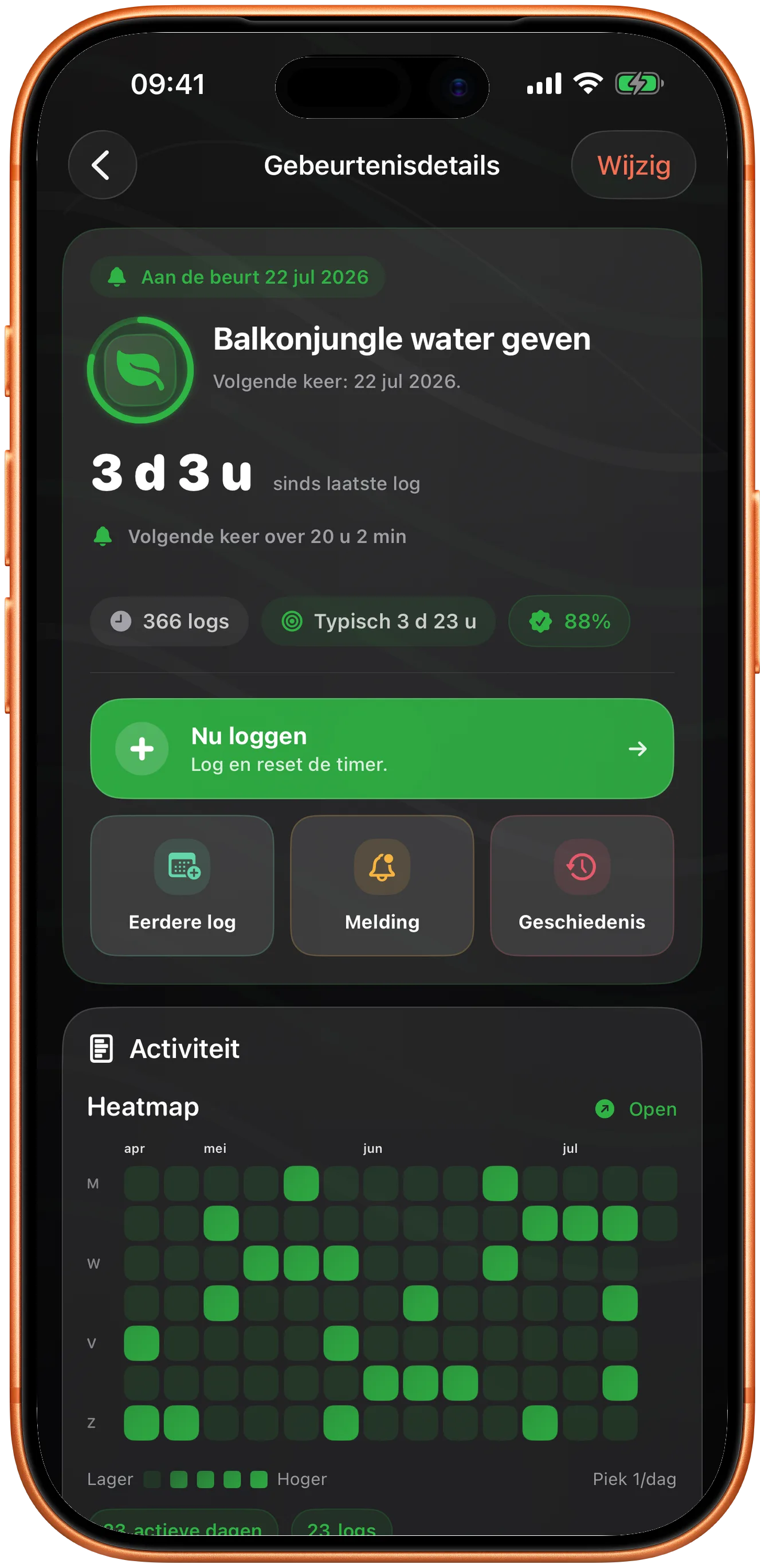 Takt-detail in donkere modus met wat er nu aan de beurt is