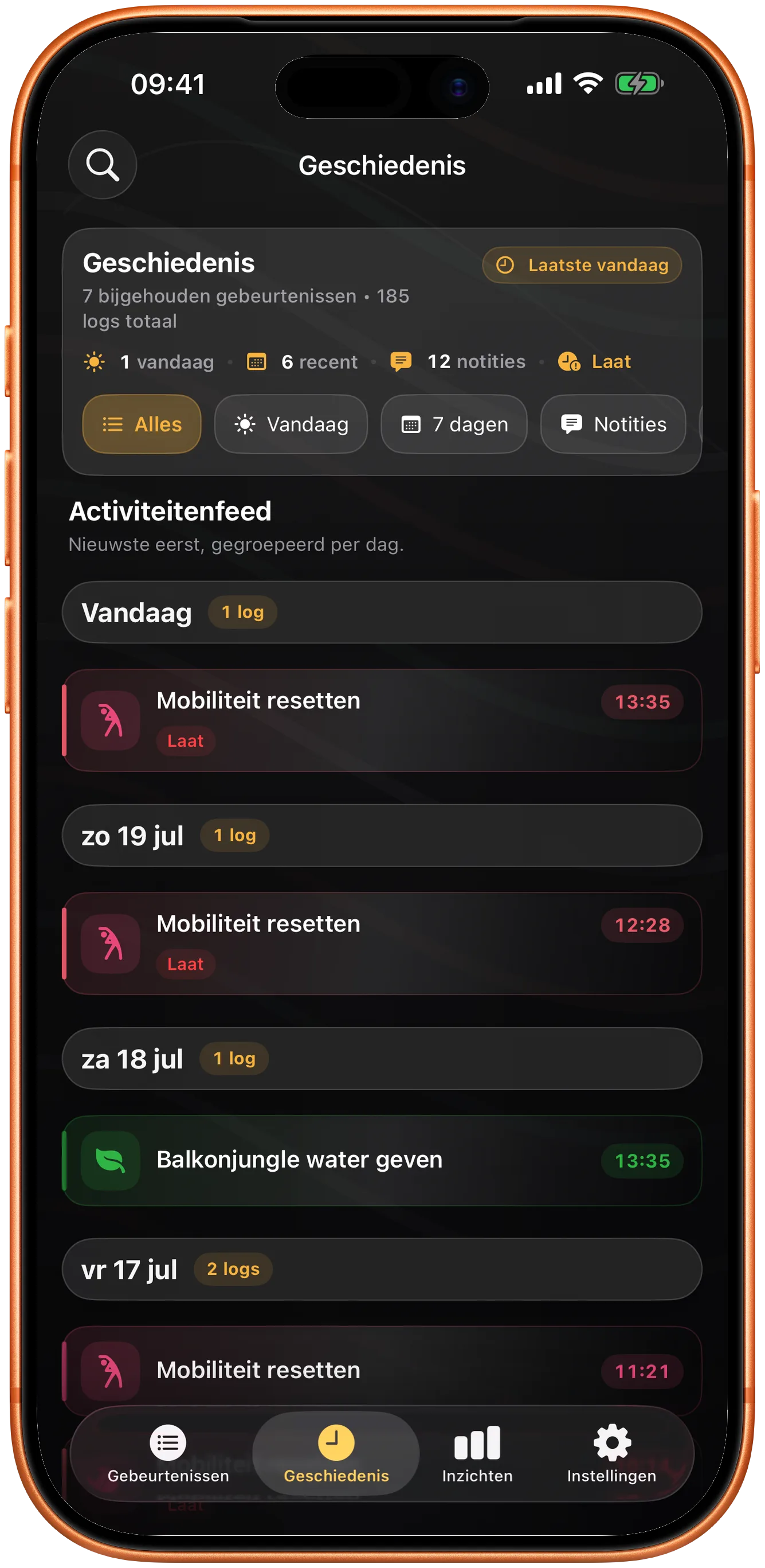 Takt-tijdlijn met een doorzoekbare geschiedenis van eerdere items
