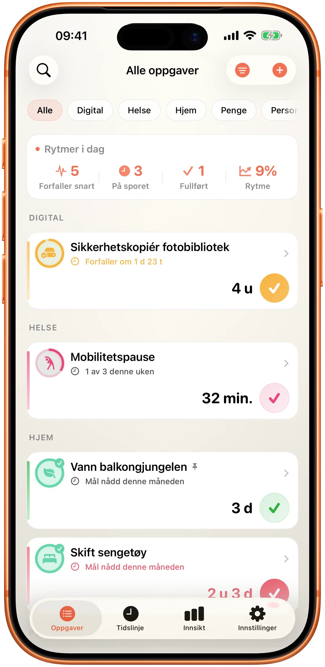 Takts hendelsesliste med tiden siden sist for hver oppføring